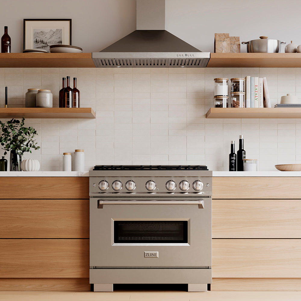 ZLINE 36 in. 5.2 cu. ft. Classic Dual Fuel Range with 6 Burner DuoPro™ Cooktop and Electric Convection Oven in Satin Stainless Steel (PCDRS-36)