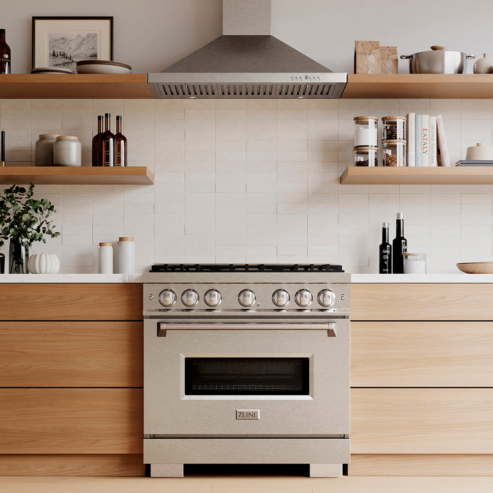 ZLINE 36 in. 5.2 cu. ft. Classic Dual Fuel Range with 6 Burner DuoPro™ Cooktop and Electric Convection Oven in Satin Stainless Steel (PCDRS-36)