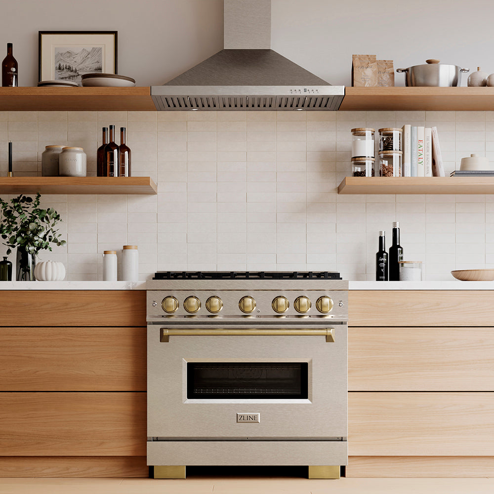 ZLINE Autograph Edition 36 in. 5.2 cu. ft. Classic Dual Fuel Range with 6 Burner DuoPro™ Cooktop and Electric Convection Oven in Satin Stainless Steel and Champagne Bronze Accents (PCDRSZ-36-CB)