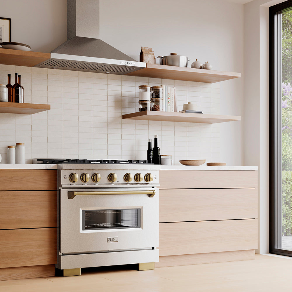 ZLINE Autograph Edition 36 in. 5.2 cu. ft. Classic Gas Range with 6 Burner DuoPro™ Cooktop and Convection Gas Oven in Satin Stainless Steel and Champagne Bronze Accents (PCGRSZ-36-CB)