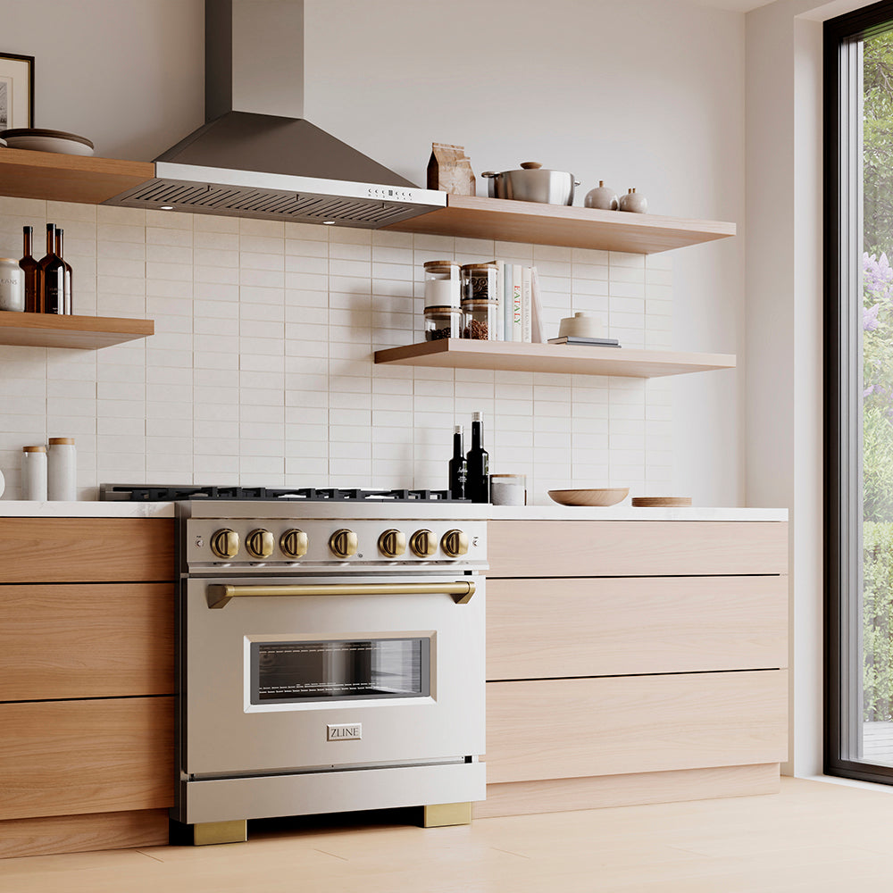 ZLINE Autograph Edition 36 in. 5.2 cu. ft. Classic Gas Range with 6 Burner DuoPro™ Cooktop and Convection Gas Oven in Satin Stainless Steel and Champagne Bronze Accents (PCGRSZ-36-CB)