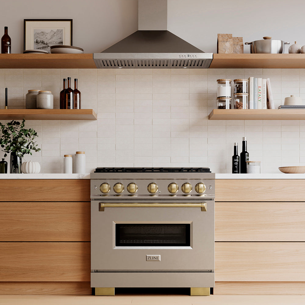 ZLINE Autograph Edition 36 in. 5.2 cu. ft. Classic Gas Range with 6 Burner DuoPro™ Cooktop and Convection Gas Oven in Satin Stainless Steel and Champagne Bronze Accents (PCGRSZ-36-CB)