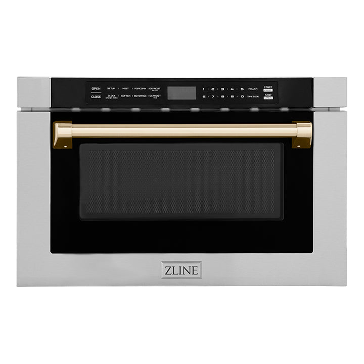 ZLINE Autograph Edition 24" 1.2 cu. ft. Built-in Microwave Drawer with a Traditional Handle in Stainless Steel and Polished Gold Accents