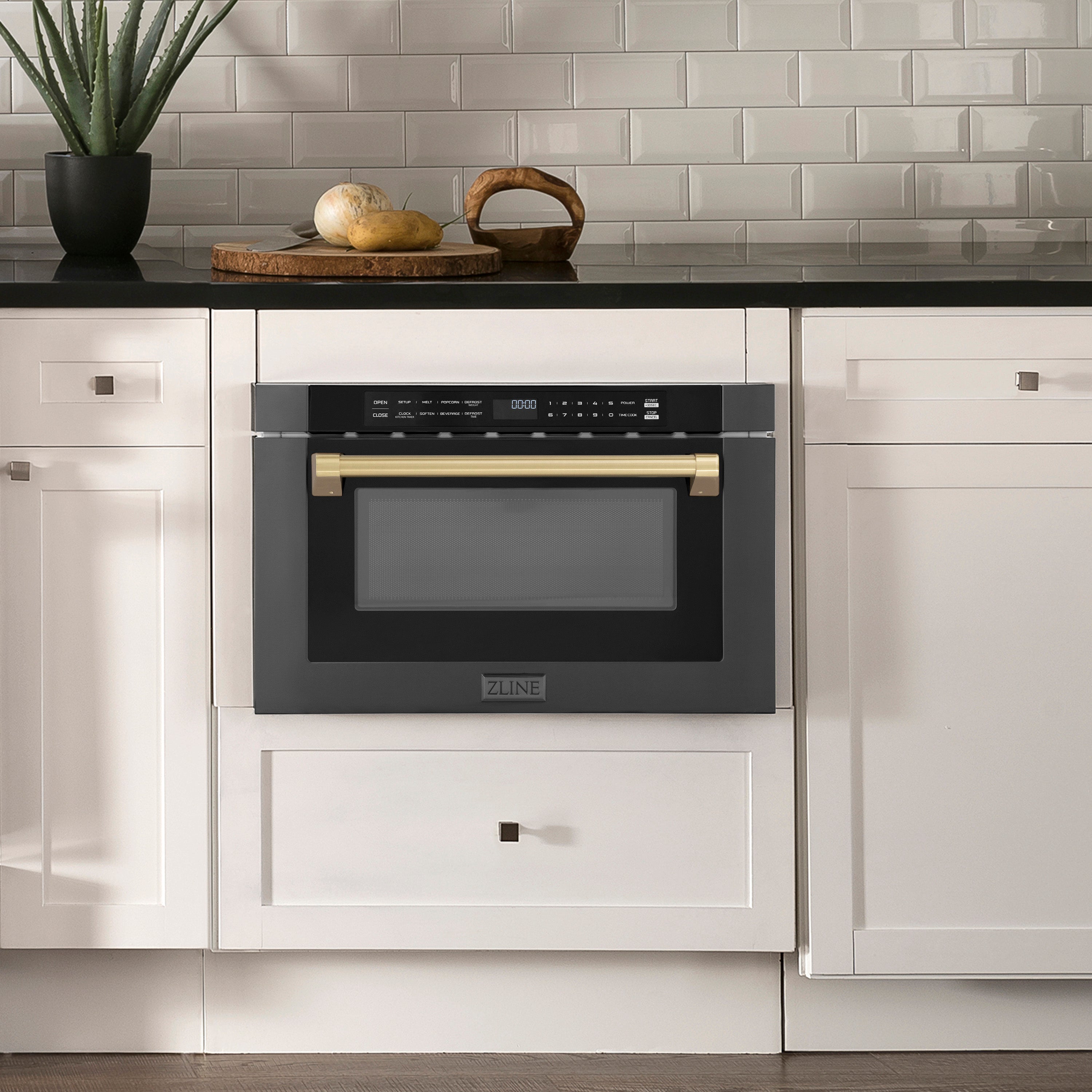 ZLINE Autograph Edition 30" 1.2 cu. ft. Built-in Microwave Drawer in Black Stainless Steel and Gold Accents