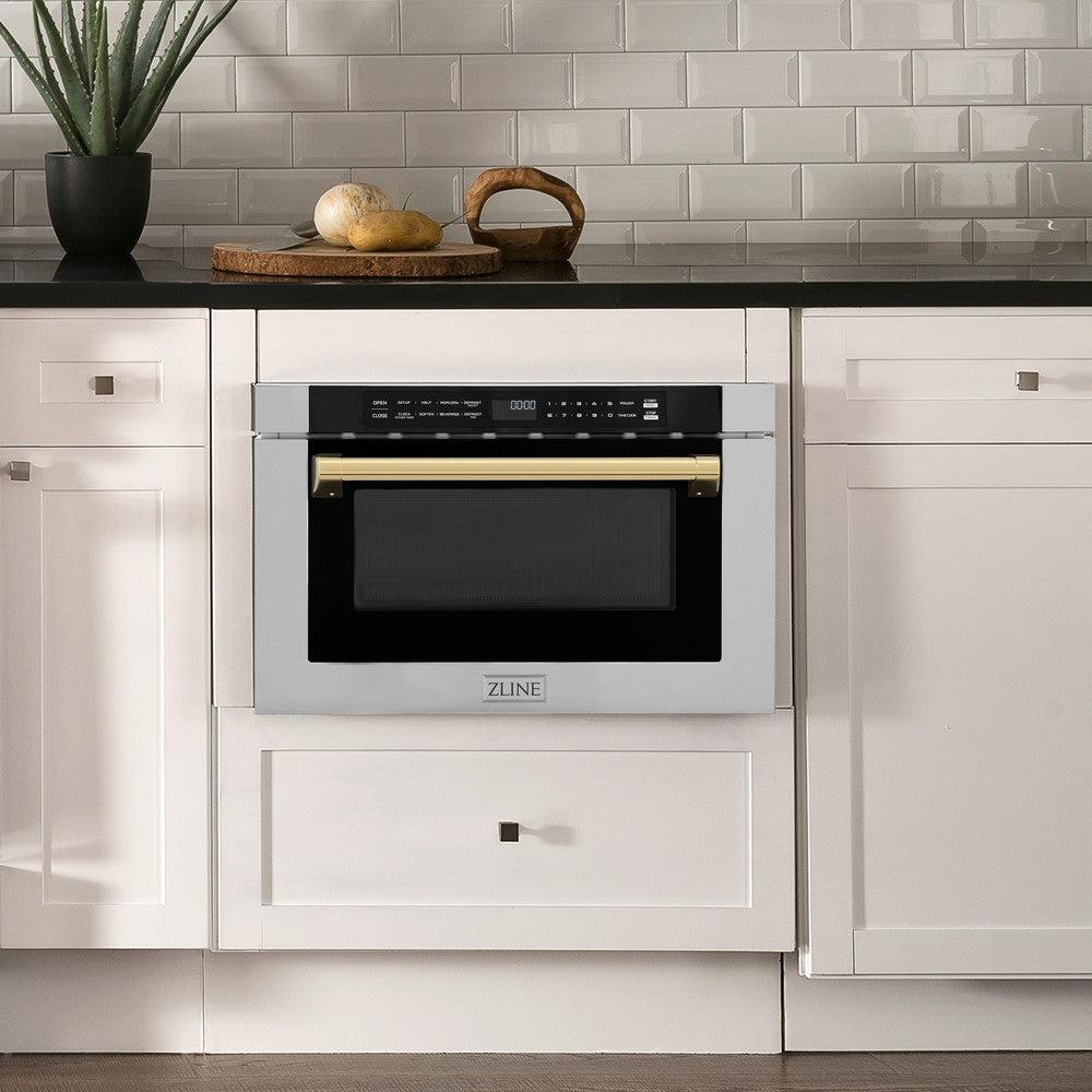 ZLINE Autograph Edition 24" 1.2 cu. ft. Built-in Microwave Drawer with a Traditional Handle in Stainless Steel and Polished Gold Accents
