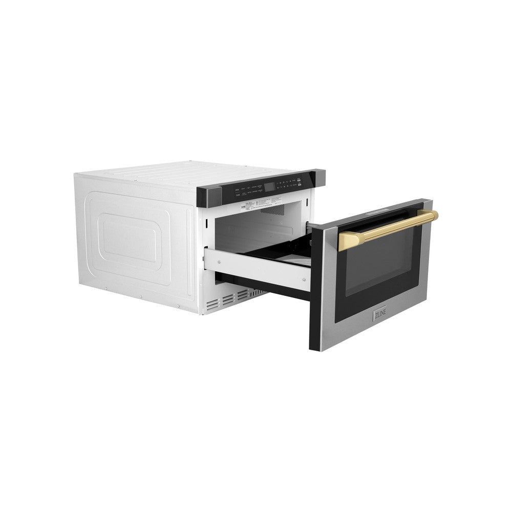 ZLINE Autograph Edition 24" 1.2 cu. ft. Built-in Microwave Drawer with a Traditional Handle in Stainless Steel and Polished Gold Accents
