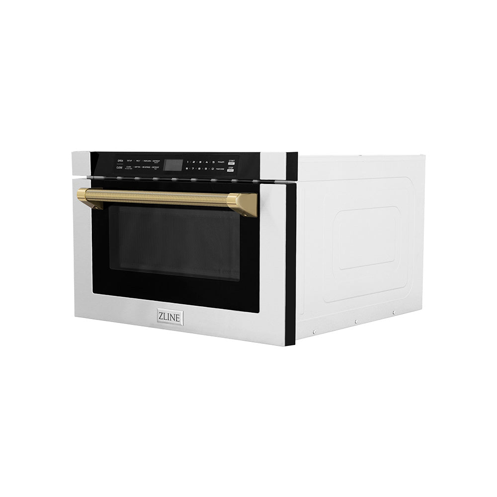 ZLINE Autograph Edition 24 in. 1.2 cu. ft. Built-in Microwave Drawer in Stainless Steel and Polished Gold Helix Handle (MWDZ-1-H-KG)