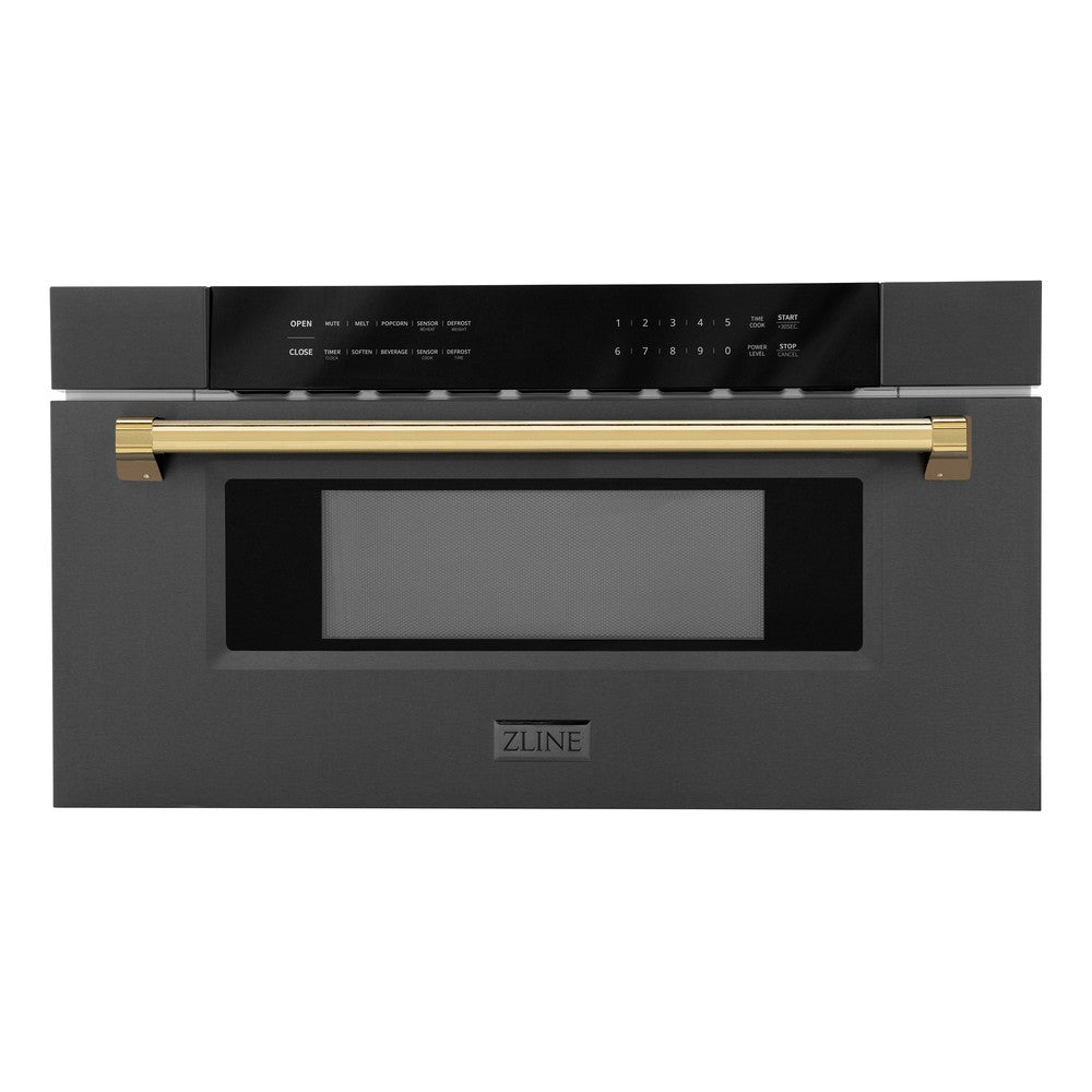 ZLINE Autograph Edition 30" 1.2 cu. ft. Built-in Microwave Drawer in Black Stainless Steel and Polished Gold Accents