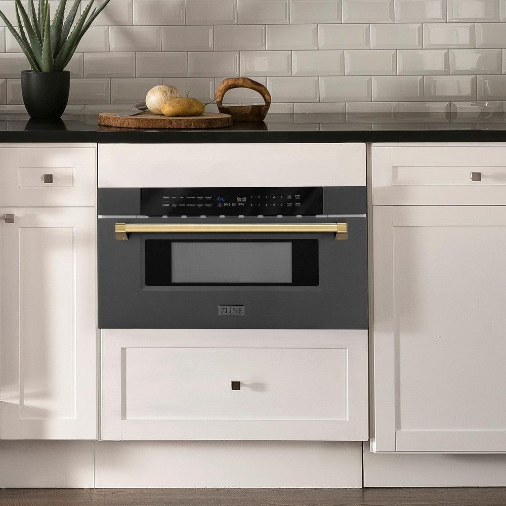 ZLINE Autograph Edition 30" 1.2 cu. ft. Built-in Microwave Drawer in Black Stainless Steel and Polished Gold Accents