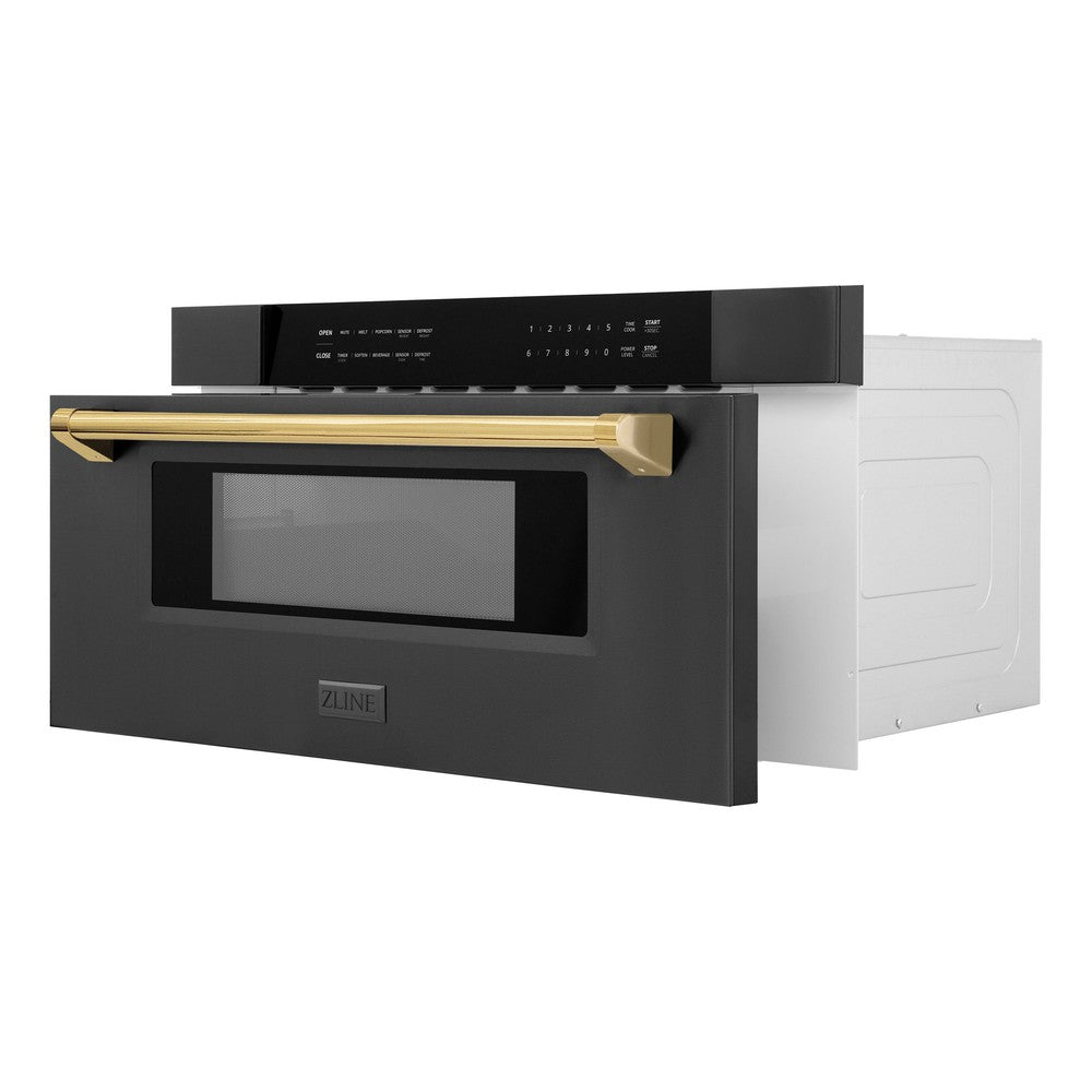 ZLINE Autograph Edition 30" 1.2 cu. ft. Built-in Microwave Drawer in Black Stainless Steel and Polished Gold Accents