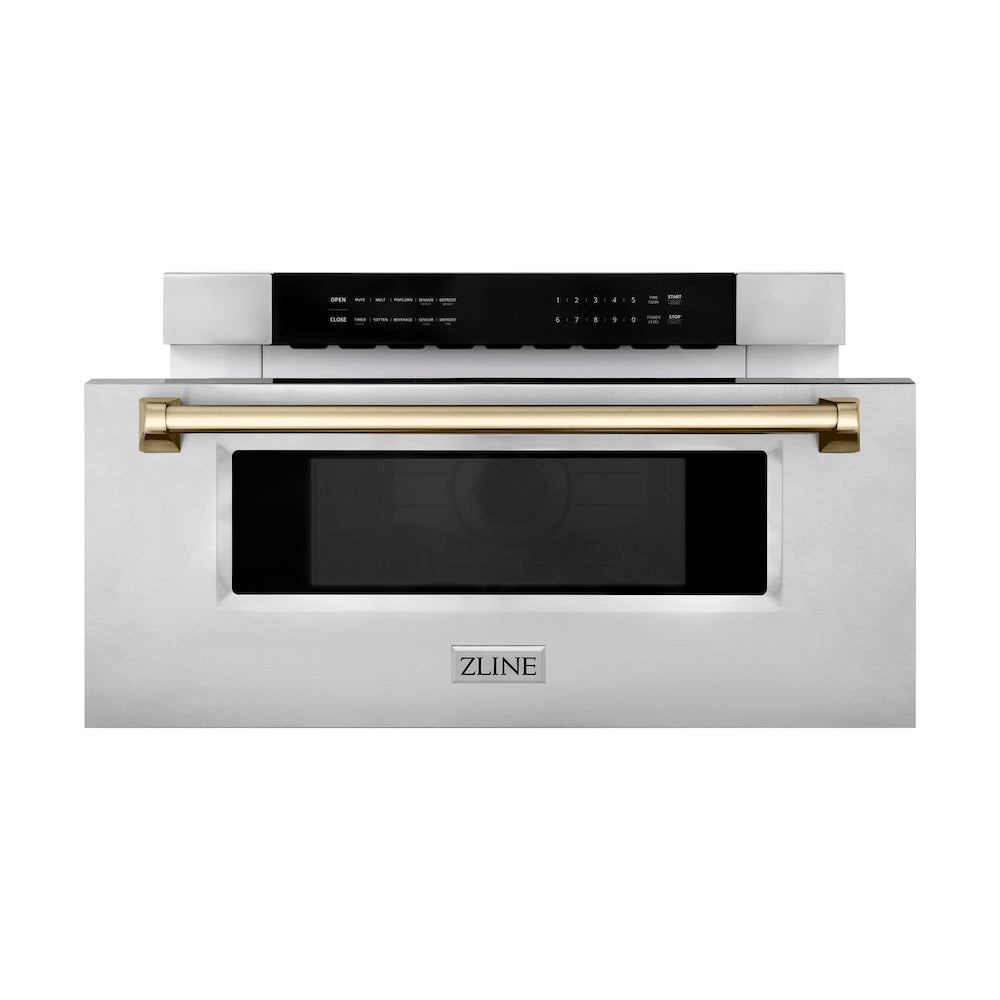 ZLINE Autograph Edition 30" 1.2 cu. ft. Built-In Microwave Drawer in Stainless Steel with Polished Gold Accents