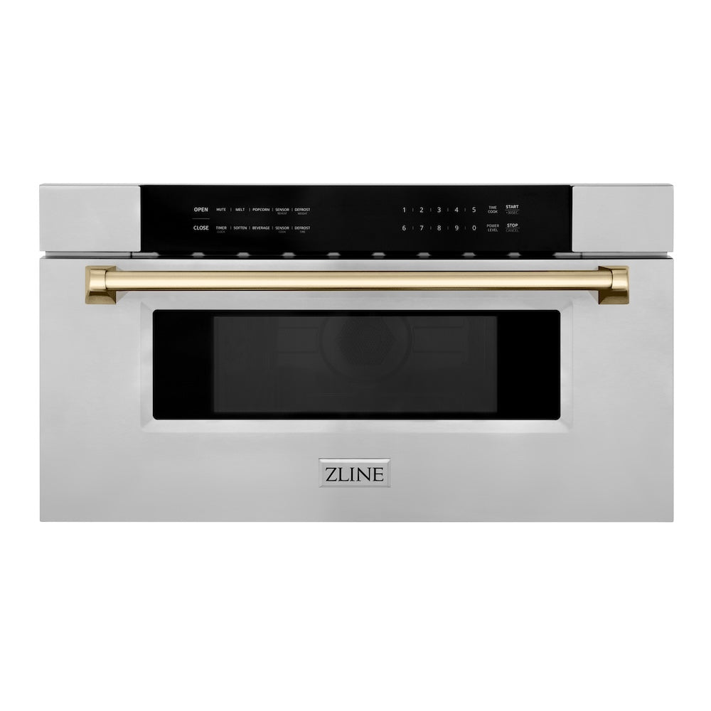 ZLINE Autograph Edition 30" 1.2 cu. ft. Built-In Microwave Drawer in Stainless Steel with Polished Gold Accents