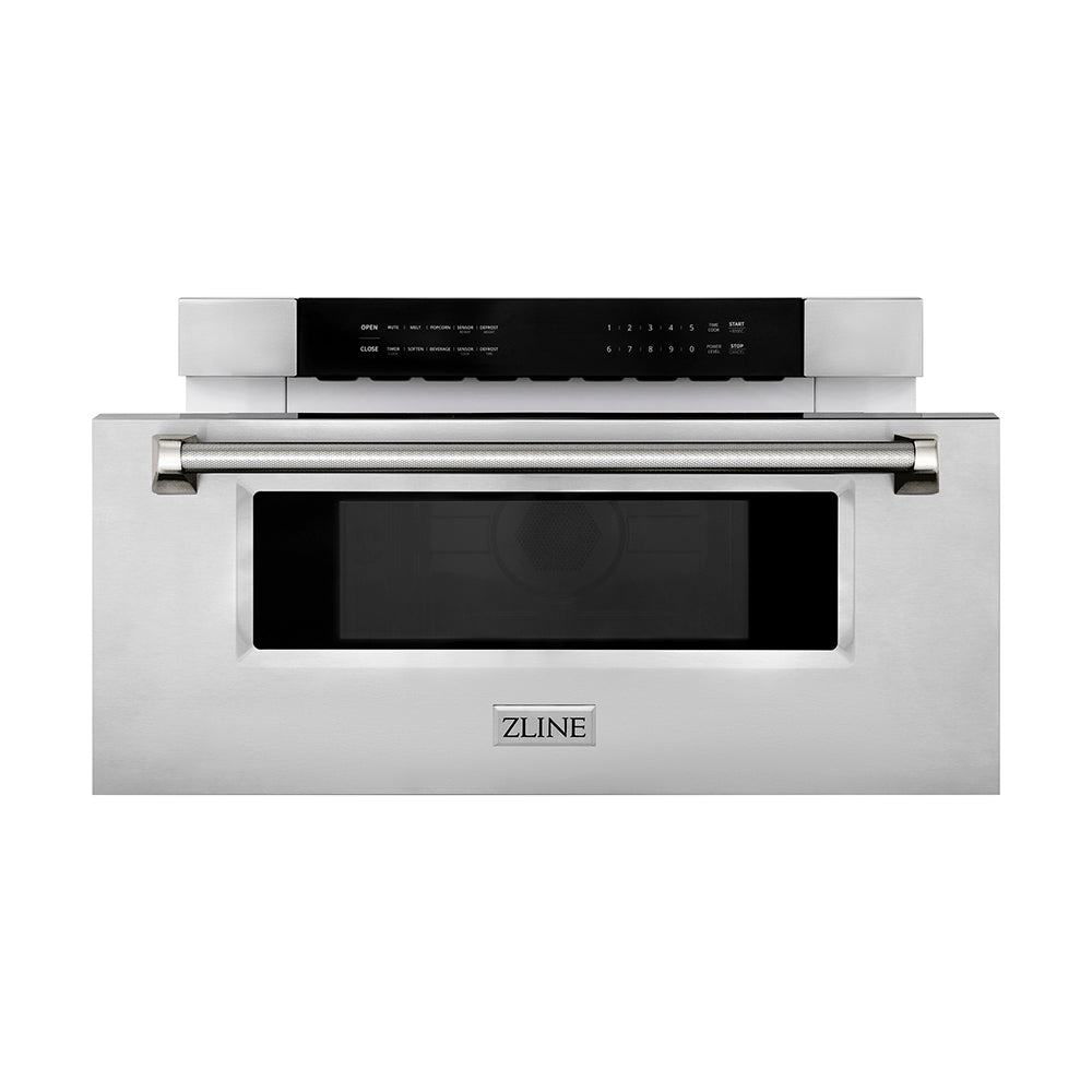ZLINE Autograph Edition 30 in. 1.2 cu. ft. Built-in Microwave Drawer in Stainless Steel and Polished Nickel Helix Handle (MWDZ-30-KPN)