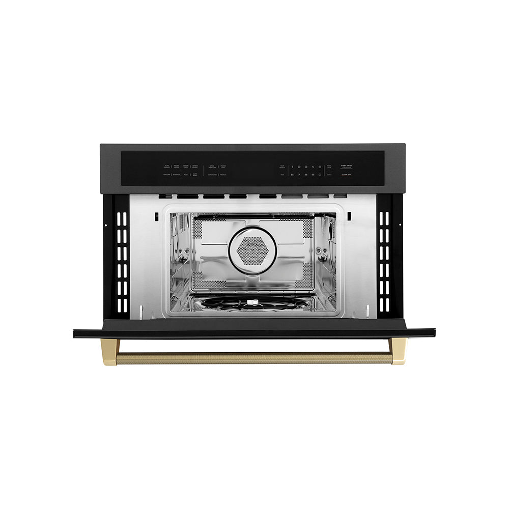 ZLINE Autograph Edition 30 in. 1.6 cu ft. Built-in Convection Microwave Oven in Black Stainless Steel and Champagne Bronze Helix Handle (MWOZ-30-BS-KCB)