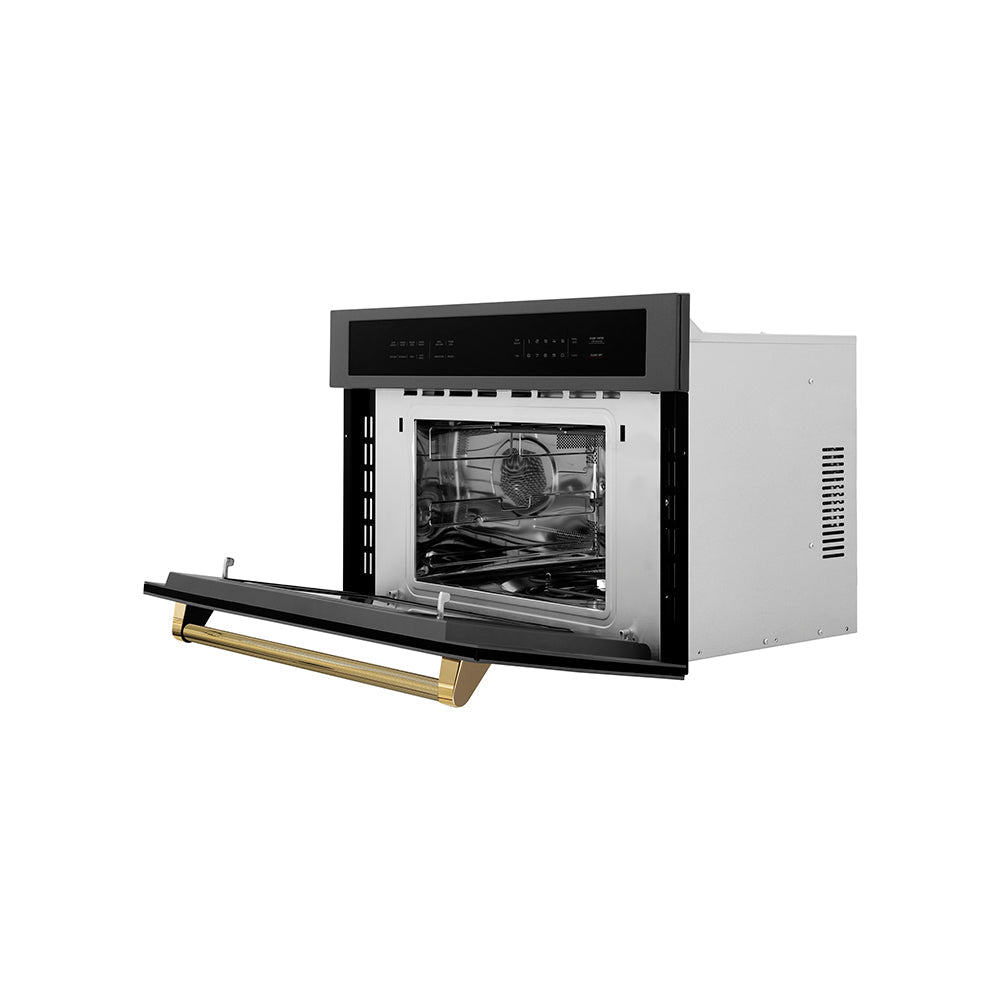 ZLINE Autograph Edition 30 in. 1.6 cu ft. Built-in Convection Microwave Oven in Black Stainless Steel and Polished Gold Helix Handle (MWOZ-30-BS-KG)
