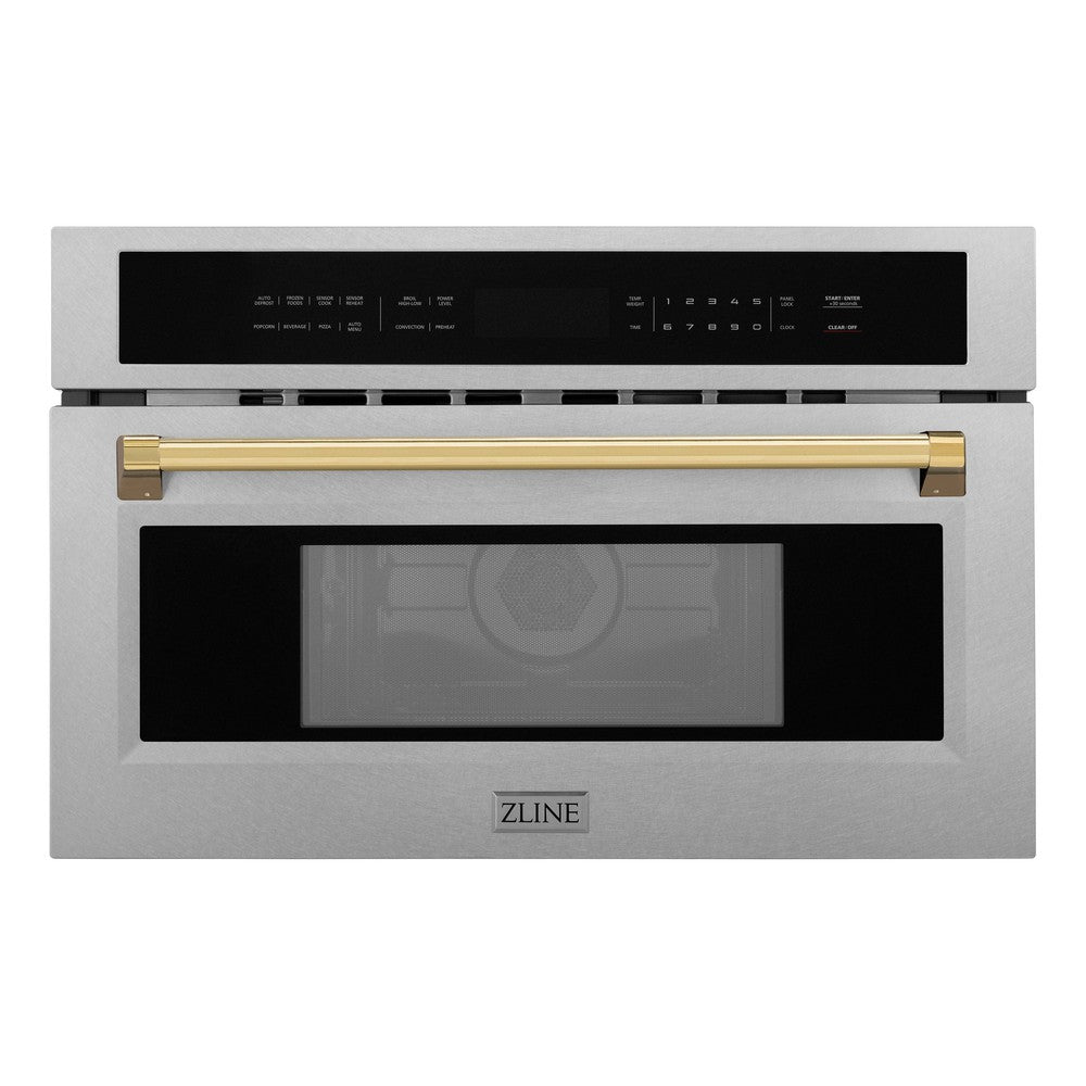 ZLINE Autograph Edition 30” 1.6 cu ft. Built-in Convection Microwave Oven in Fingerprint Resistant Stainless Steel and Polished Gold Accents (MWOZ-30-SS-G
