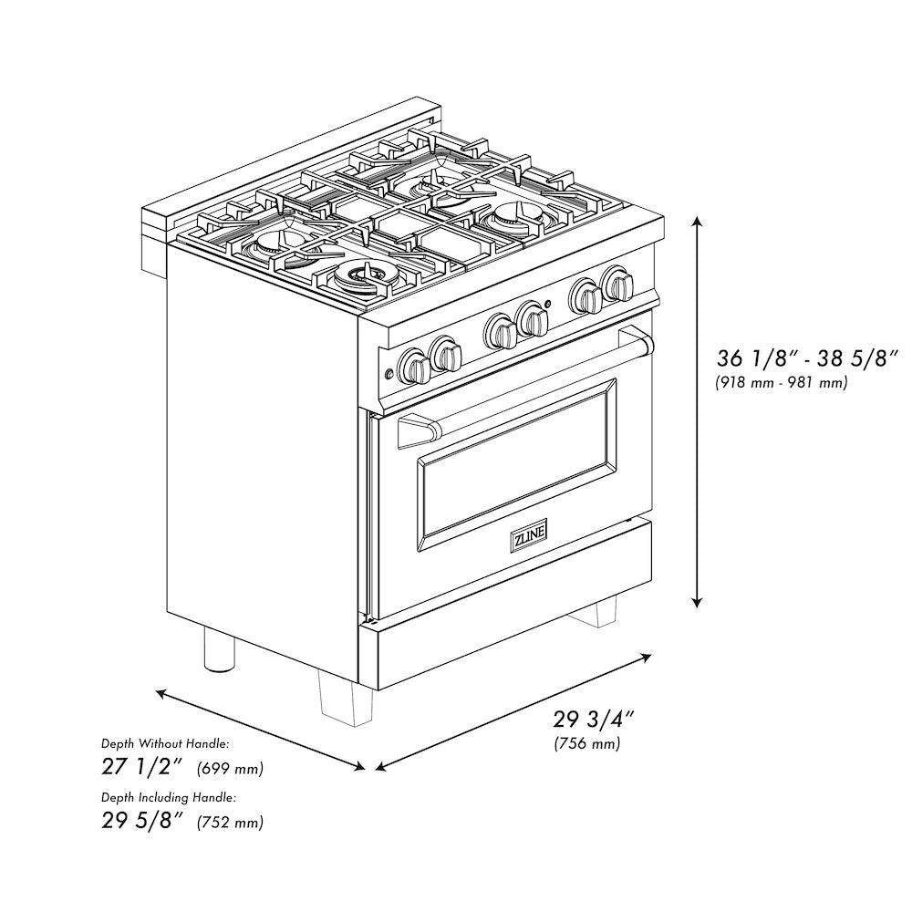 ZLINE Autograph Edition 30 in. 4.0 cu. ft. Legacy Dual Fuel Range with 4 Burner Gas Cooktop and Electric Convection Oven in Black Stainless Steel and Champagne Bronze Accents (RABZ-30-CB)