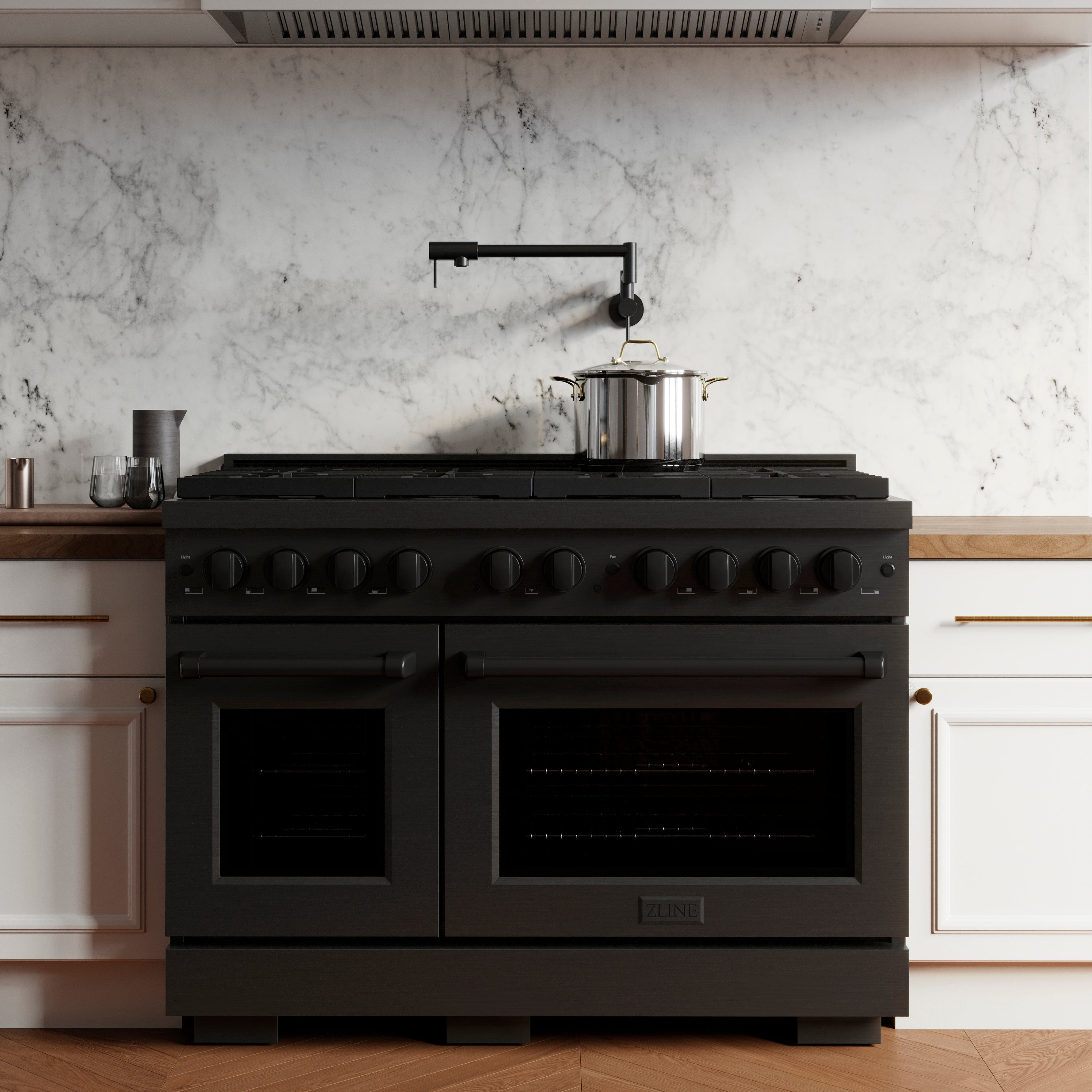 ZLINE 48 in. 6.7 cu. ft. Paramount Double Oven Dual Fuel Range with 8 Burner Gas Cooktop in Stainless Steel with Black Matte Doors (SDR-BLM-48)