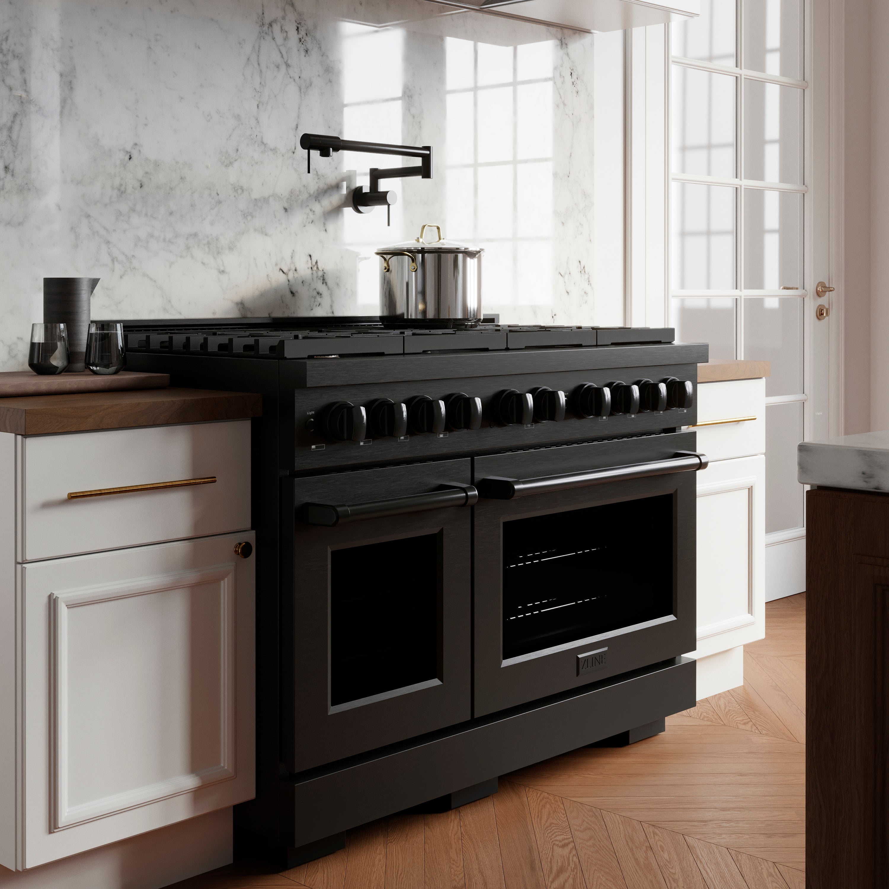 ZLINE 48 in. 6.7 cu. ft. Paramount Double Oven Dual Fuel Range with 8 Burner Gas Cooktop in Stainless Steel with Black Matte Doors (SDR-BLM-48)