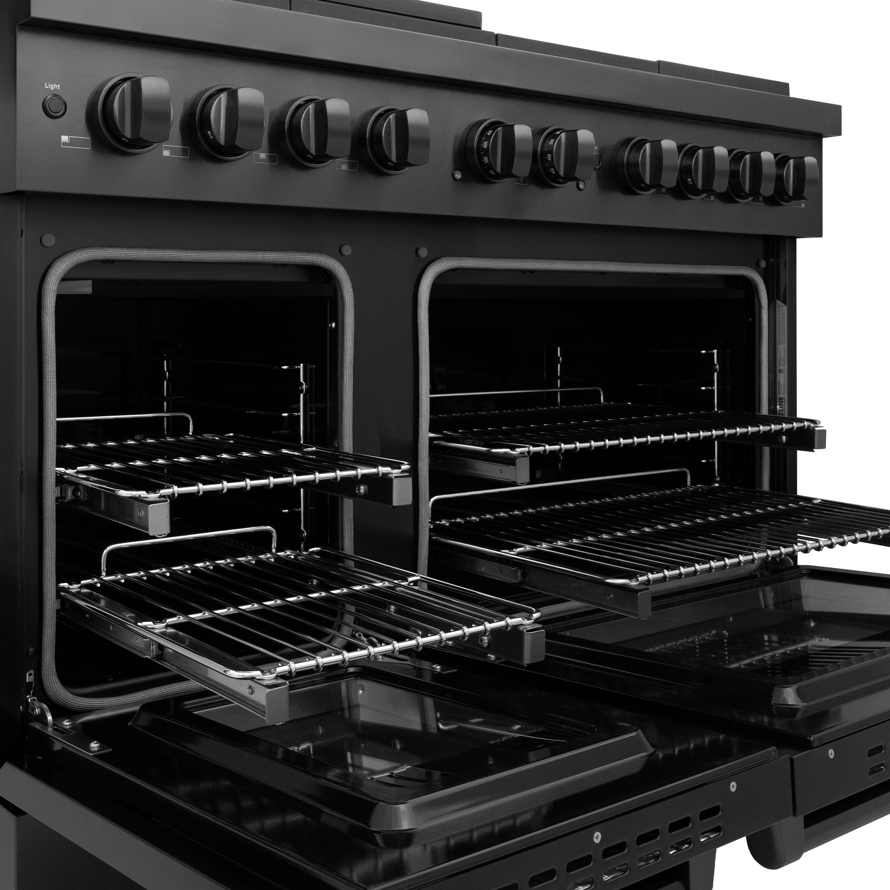 ZLINE 48 in. 6.7 cu. ft. Paramount Double Oven Dual Fuel Range with 8 Burner Gas Cooktop in Stainless Steel with Black Matte Doors (SDR-BLM-48)