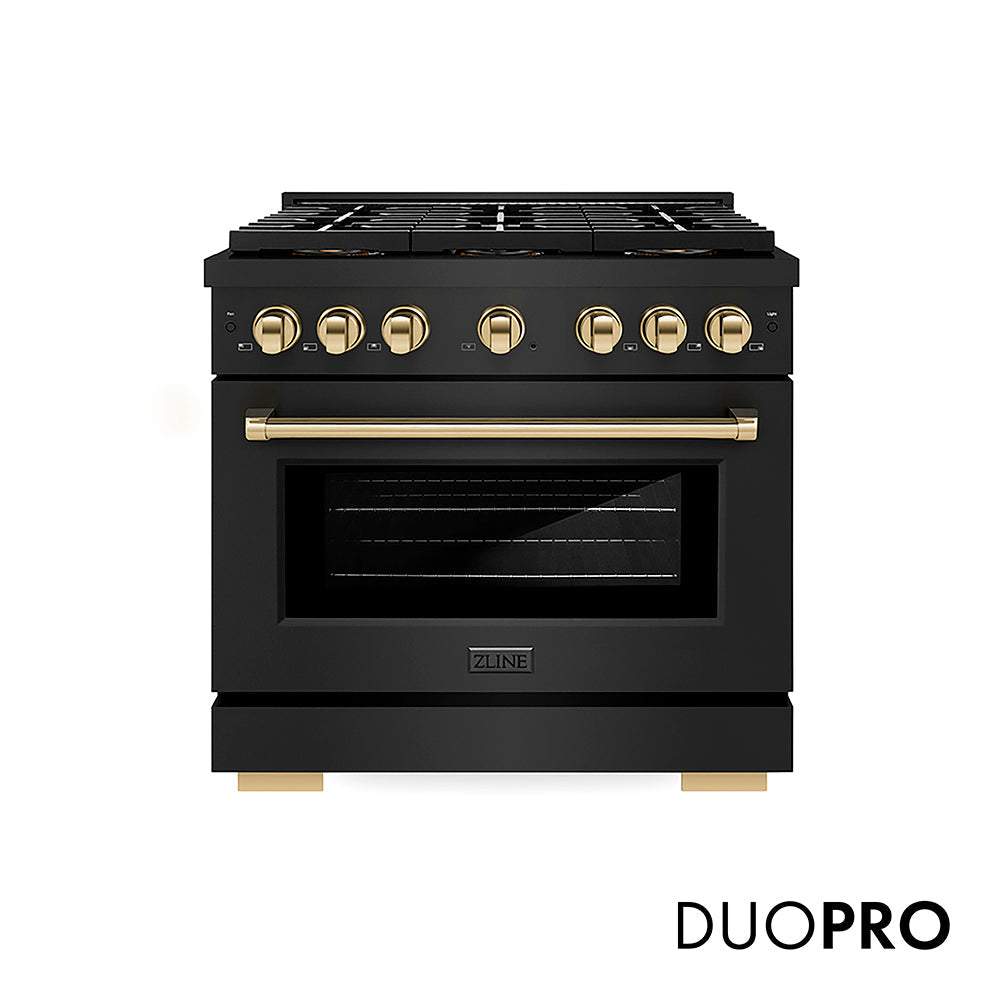 ZLINE Autograph Edition 36 in. 5.2 cu. ft. Paramount Gas Range with 6 Burner DuoPro™ Cooktop and Convection Gas Oven with White Matte Door and Matte Black Accents (PSGRZ-WM-36-MB)