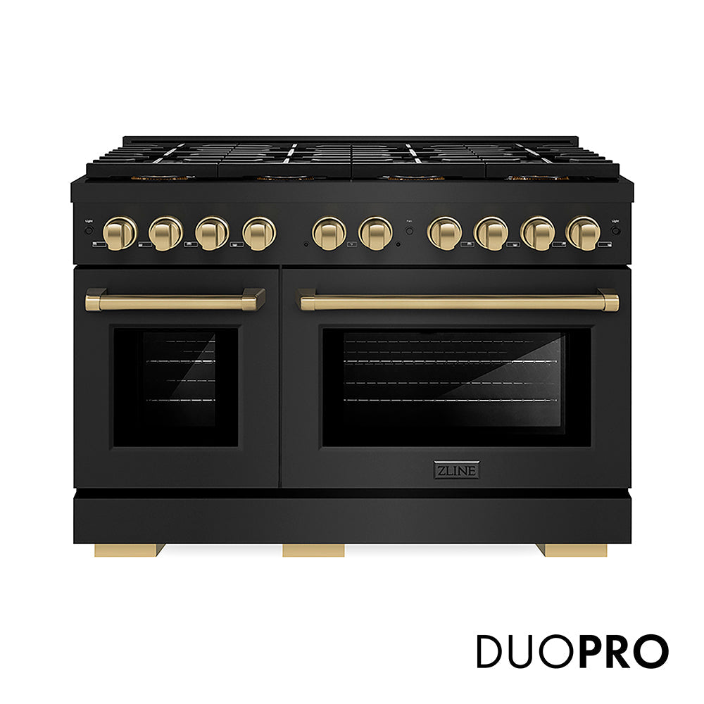 ZLINE Autograph Edition 48 in. 6.7 cu. ft. Paramount Gas Range with 8 Burner DuoPro™ Cooktop and Dual Ovens with White Matte Doors and Matte Black Accents (PSGRZ-WM-48-MB)