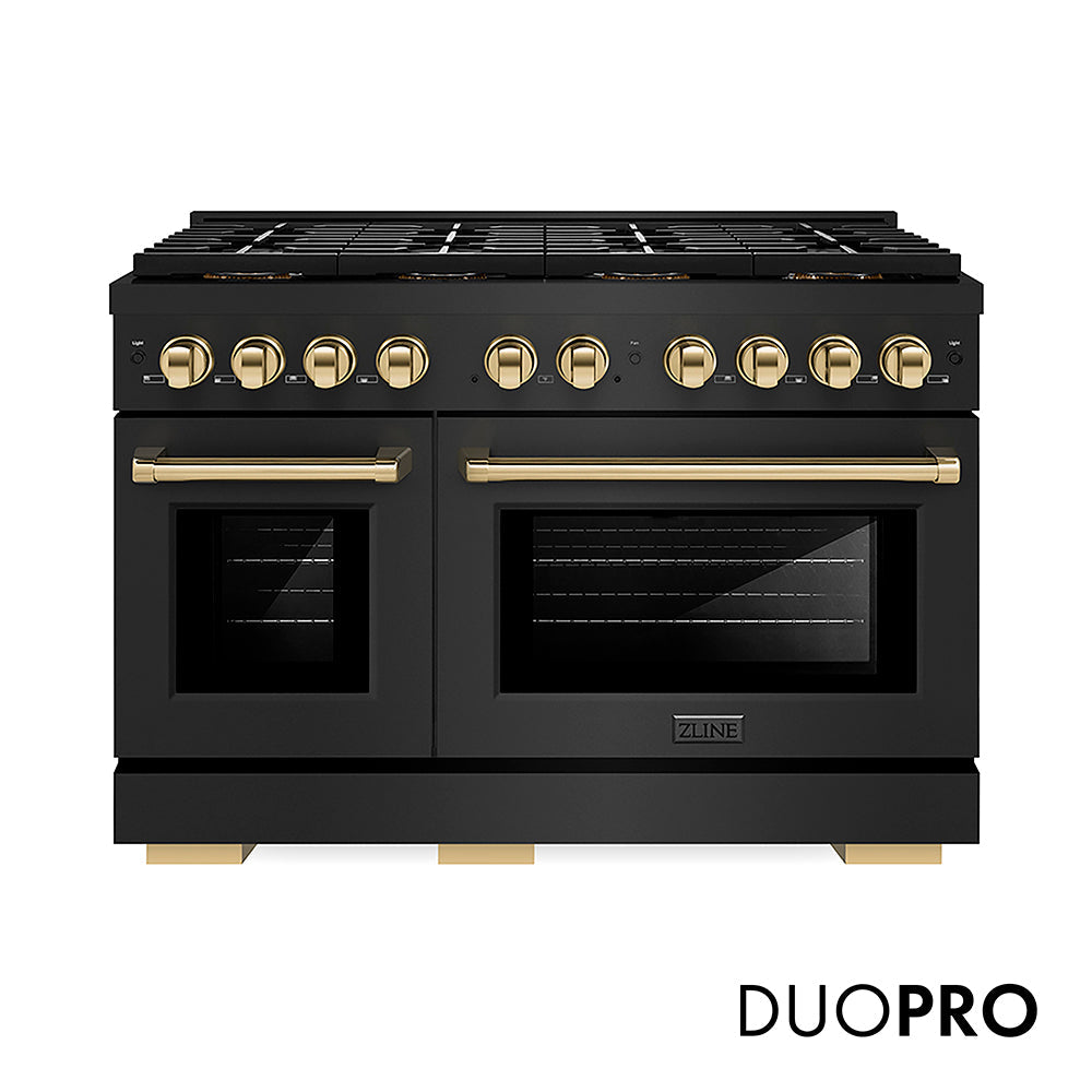 ZLINE Autograph Edition 48 in. 6.7 cu. ft. Paramount Gas Range with 8 Burner DuoPro™ Cooktop and Dual Ovens with White Matte Doors and Matte Black Accents (PSGRZ-WM-48-MB)