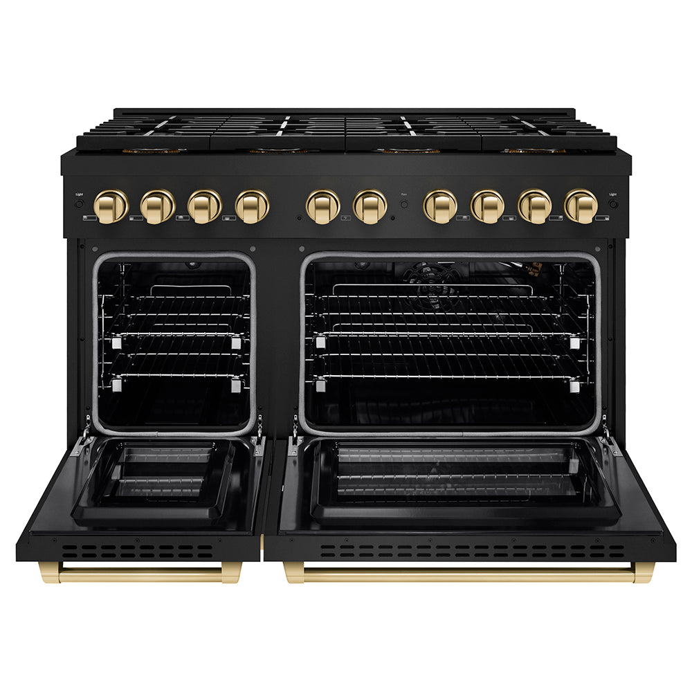 ZLINE Autograph Edition 48 in. 6.7 cu. ft. Paramount Gas Range with 8 Burner DuoPro™ Cooktop and Dual Ovens with White Matte Doors and Matte Black Accents (PSGRZ-WM-48-MB)