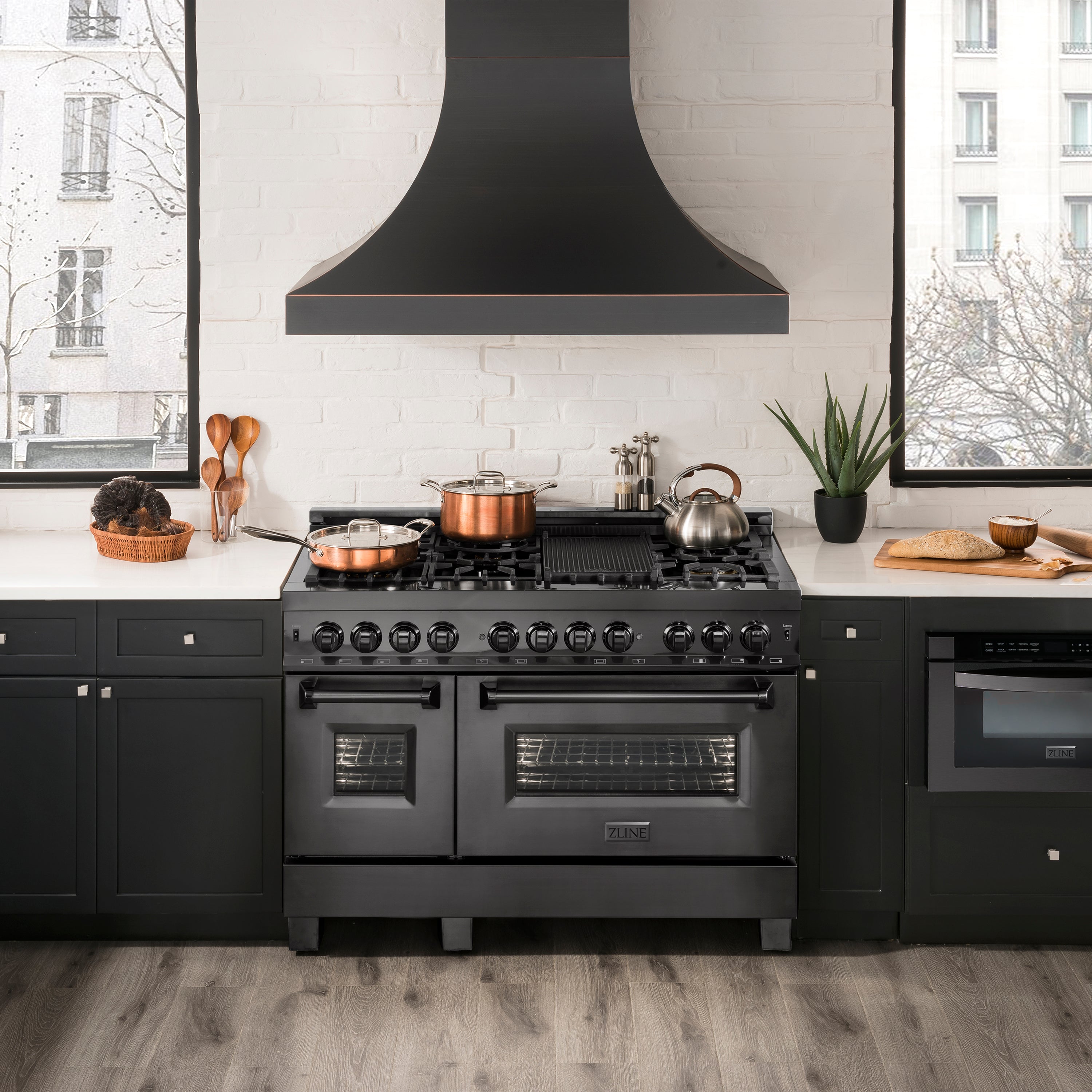 ZLINE 48 in. 6.0 cu. ft. Legacy Dual Fuel Range with Gas Cooktop and 2 Electric Ovens in Black Stainless Steel with 6 Brass Burners (RAB-BR-48)