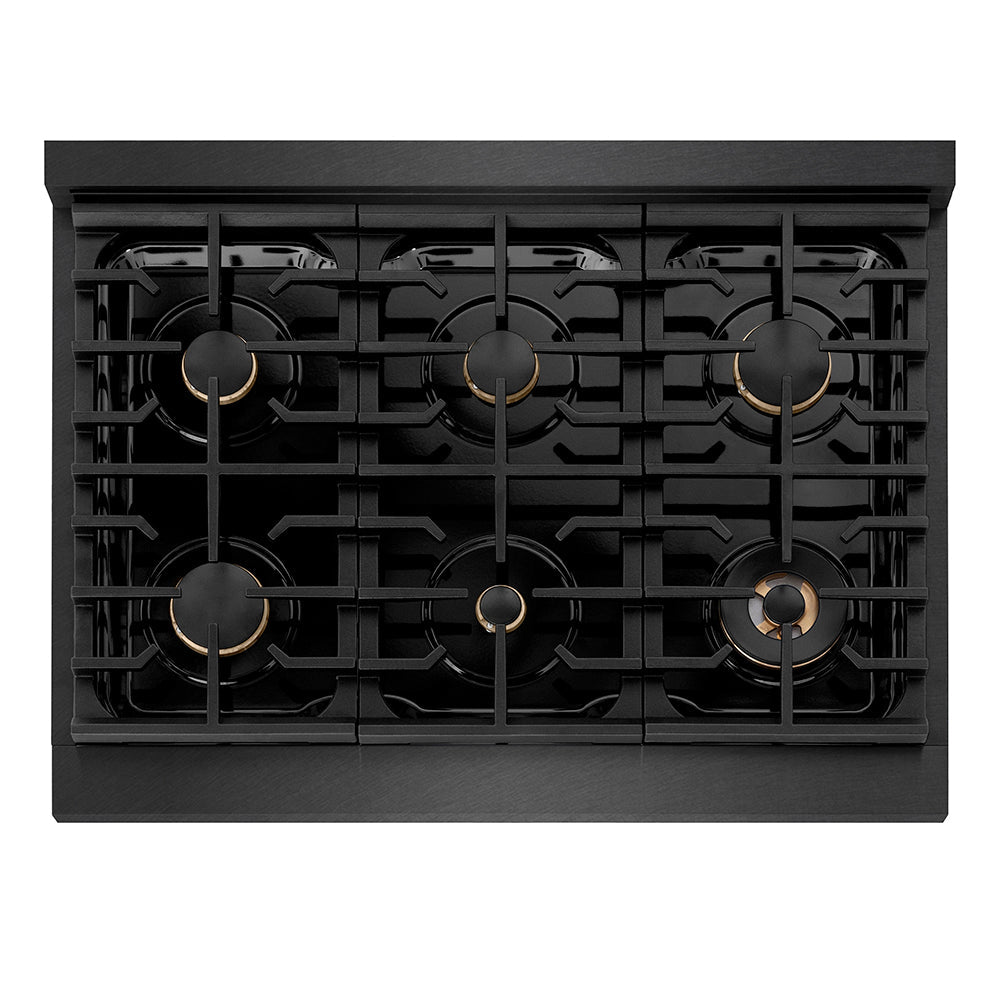 ZLINE Designer Collection 36 in. 5.2 cu. ft. Paramount Dual Fuel Range with 6 Burner Gas Cooktop and Electric Convection Oven in Black Satin Stainless Steel with Matte Black and Champagne Bronze Accents (SDRBSZ-36-MBCB)