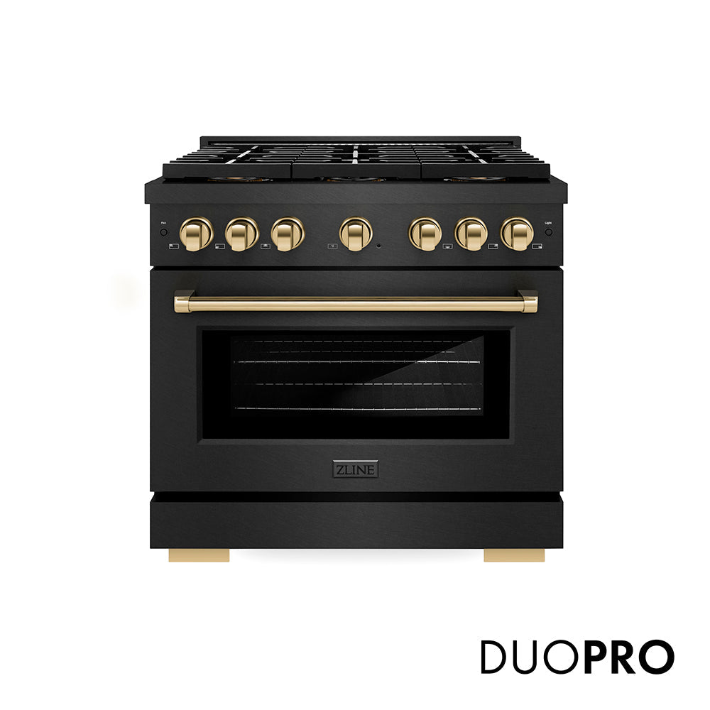 ZLINE Autograph Edition 36 in. 5.2 cu. ft. Paramount Dual Fuel Range with 6 Burner DuoPro™ Cooktop and Electric Convection Oven in Black Satin Stainless Steel and Polished Gold Accents (PSDRBSZ-36-G)