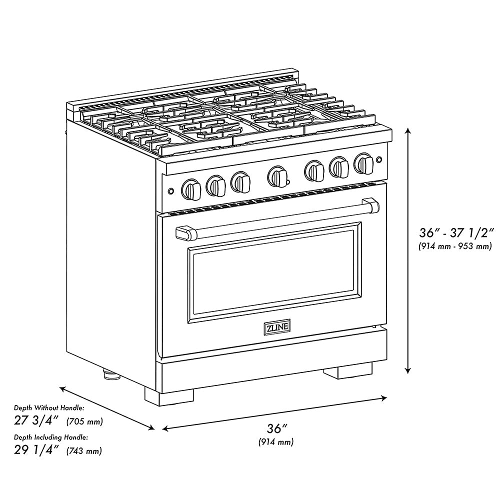 ZLINE Designer Collection 36 in. 5.2 cu. ft. Paramount Dual Fuel Range with 6 Burner Gas Cooktop and Electric Convection Oven in Black Satin Stainless Steel with Matte Black and Champagne Bronze Accents (SDRBSZ-36-MBCB)
