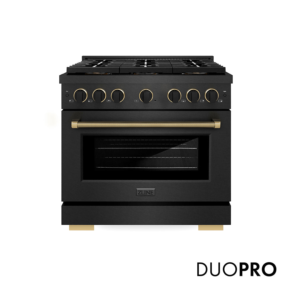 ZLINE Designer Collection 36 in. 5.2 cu. ft. Paramount Dual Fuel Range with 6 Burner Gas Cooktop and Electric Convection Oven in Black Satin Stainless Steel with Matte Black and Champagne Bronze Accents (SDRBSZ-36-MBCB)