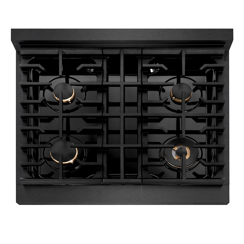 ZLINE Designer Collection 30 in. 4.2 cu. ft. Paramount Gas Range with 4 Burner Cooktop and Convection Gas Oven in Black Satin Stainless Steel with Matte Black and Champagne Bronze Accents (SGRBSZ-30-MBCB)