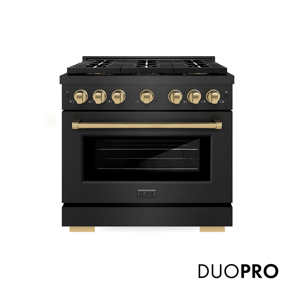 ZLINE Autograph Edition 36 in. 5.2 cu. ft. Paramount Gas Range with 6 Burner DuoPro™ Cooktop and Convection Gas Oven in Black Satin Stainless Steel and Champagne Bronze Accents (PSGRBSZ-36-CB)