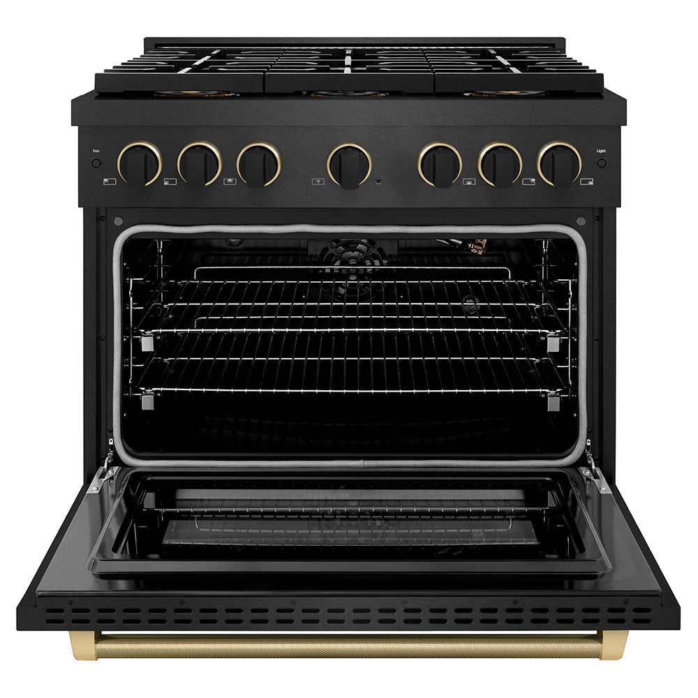 ZLINE Designer Collection 36 in. 5.2 cu. ft. Paramount Gas Range with 6 Burner DuoPro™ Cooktop and Convection Gas Oven in Black Satin Stainless Steel with Matte Black and Champagne Bronze Accents (PSGRBSZ-36-MBCB)