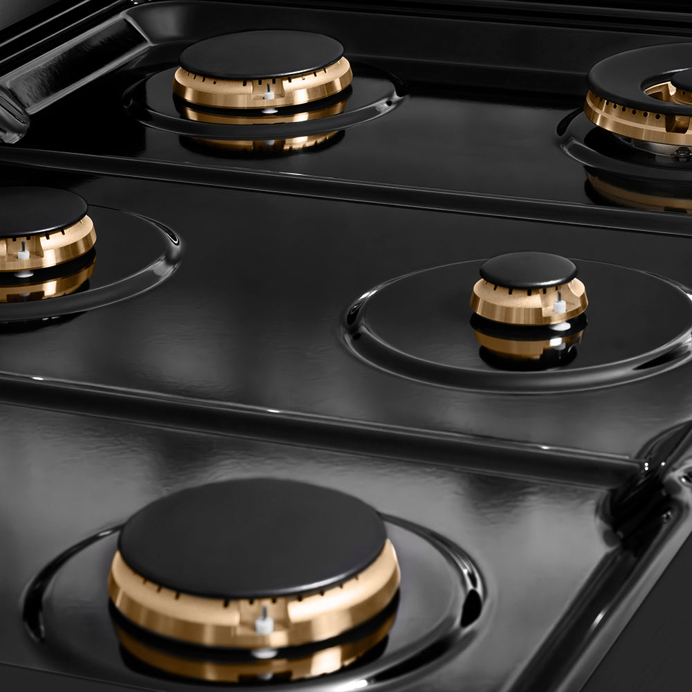 ZLINE Autograph Edition 36 in. 5.2 cu. ft. Paramount Dual Fuel Range with 6 Burner Gas Cooktop and Electric Convection Oven in Black Stainless Steel with Champagne Bronze Helix Handle and Knob Accents (SDRBZ-36-KCB)