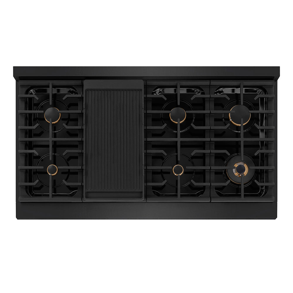 ZLINE Autograph Edition 48 in. 6.7 cu. ft. Paramount Double Oven Gas Range with 8 Burner Cooktop in Black Stainless Steel and Champagne Bronze Helix Handles and Knob Accents (SGRBZ-48-KCB)