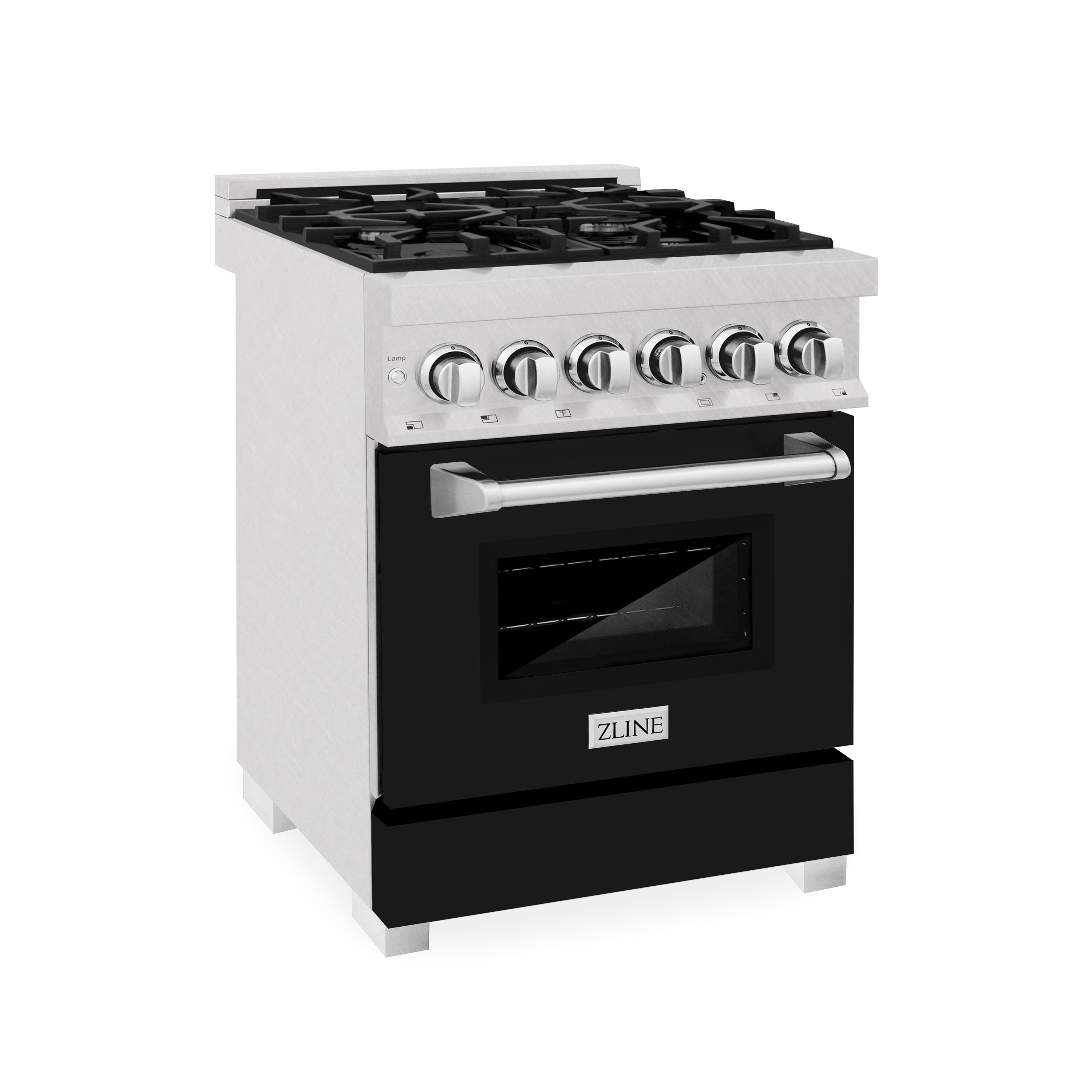ZLINE 24 in. 2.8 cu. ft. Legacy Dual Fuel Range with 4 Burner Gas Cooktop and Electric Convection Oven in Satin Stainless Steel and Black Matte Door (RAS-BLM-24)