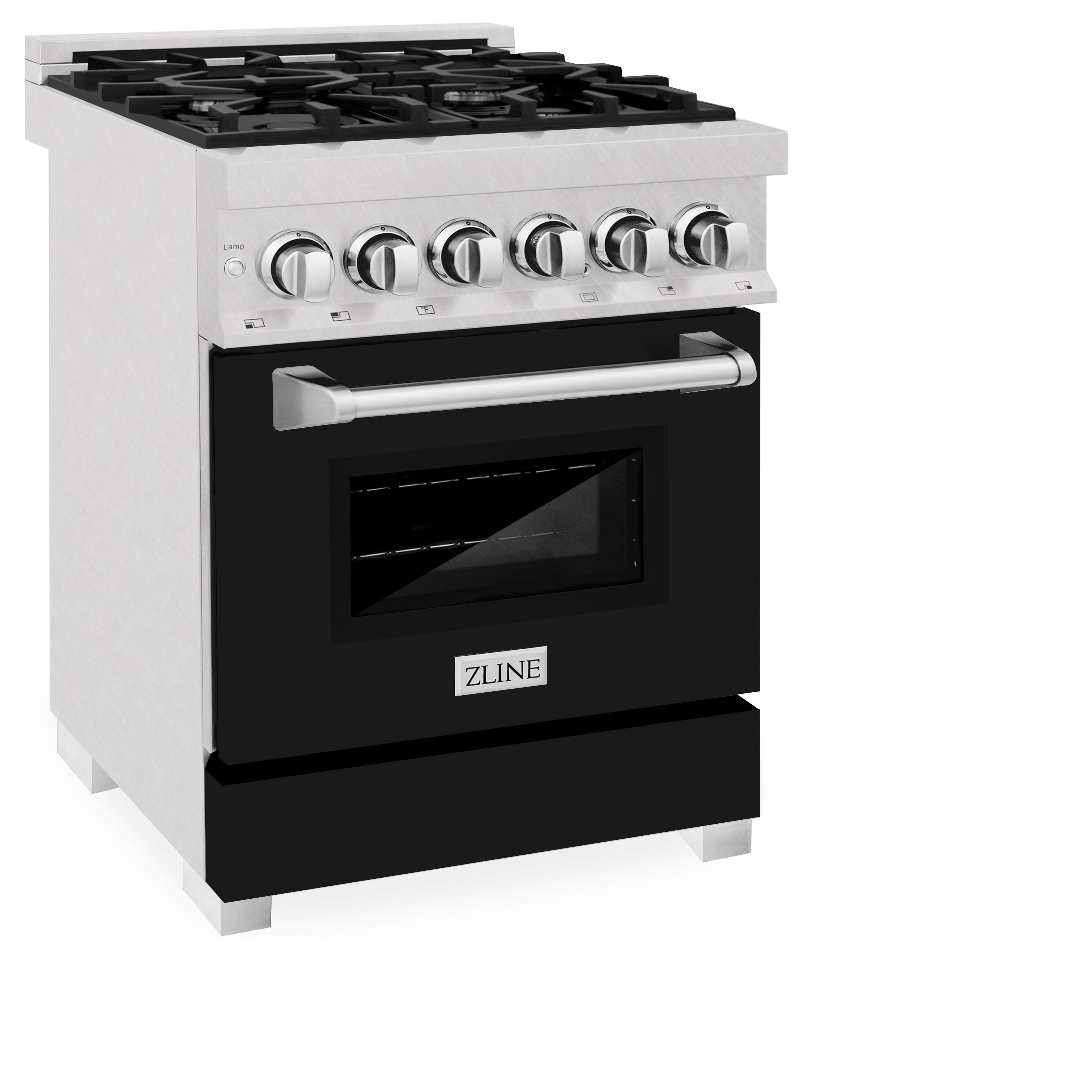 ZLINE 24 in. 2.8 cu. ft. Legacy Dual Fuel Range with 4 Burner Gas Cooktop and Electric Convection Oven in Satin Stainless Steel and Black Matte Door (RAS-BLM-24)