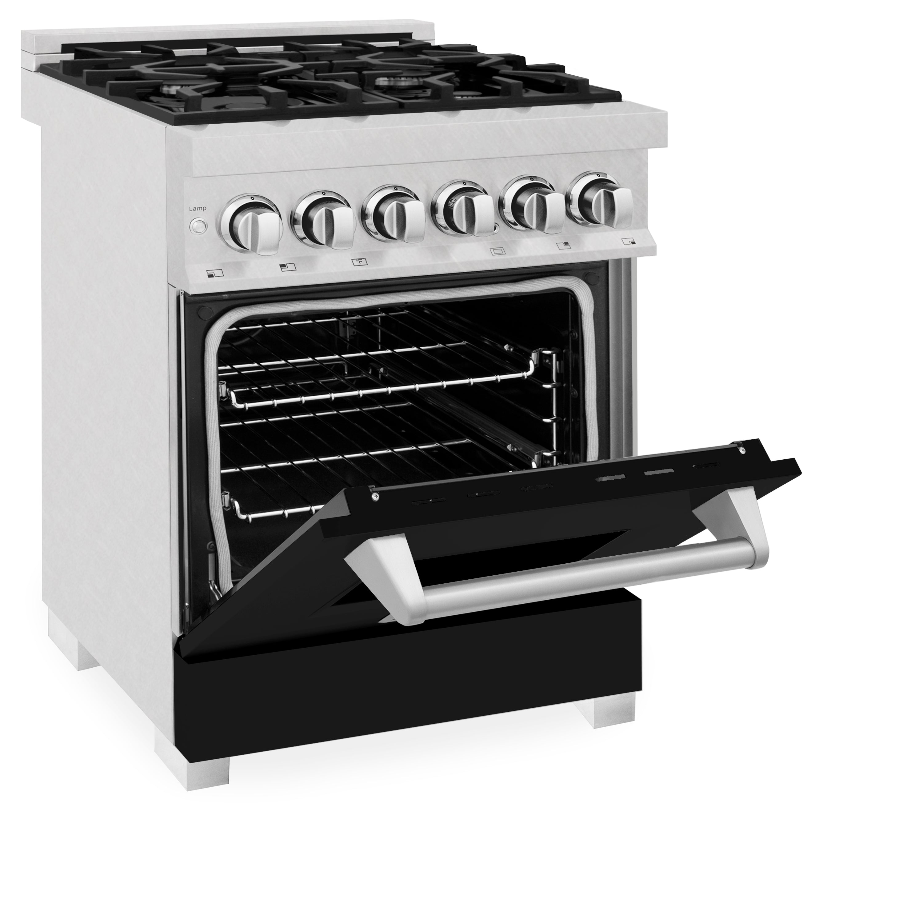 ZLINE 24 in. 2.8 cu. ft. Legacy Dual Fuel Range with 4 Burner Gas Cooktop and Electric Convection Oven in Satin Stainless Steel and Black Matte Door (RAS-BLM-24)