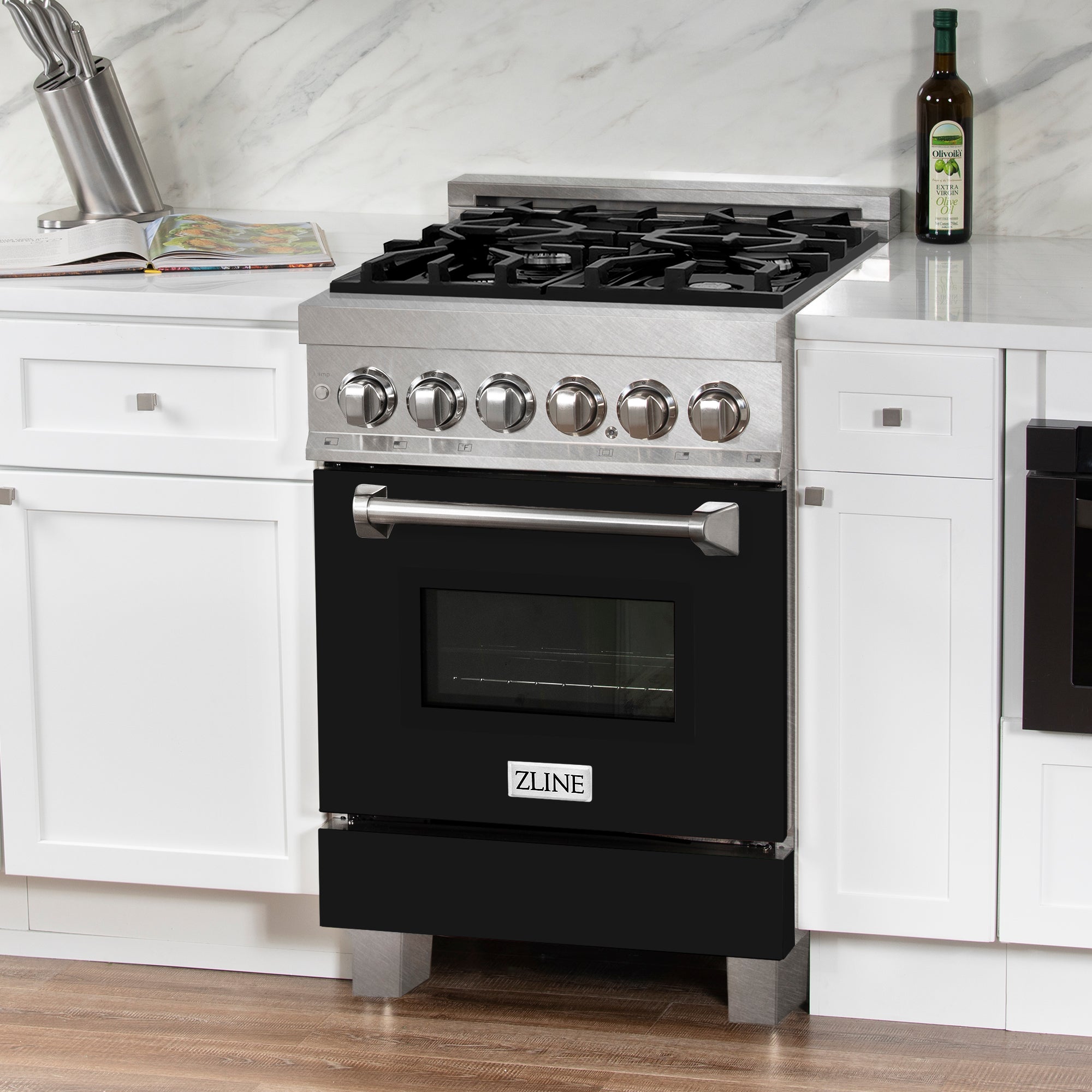 ZLINE 24 in. 2.8 cu. ft. Legacy Dual Fuel Range with 4 Burner Gas Cooktop and Electric Convection Oven in Satin Stainless Steel and Black Matte Door (RAS-BLM-24)