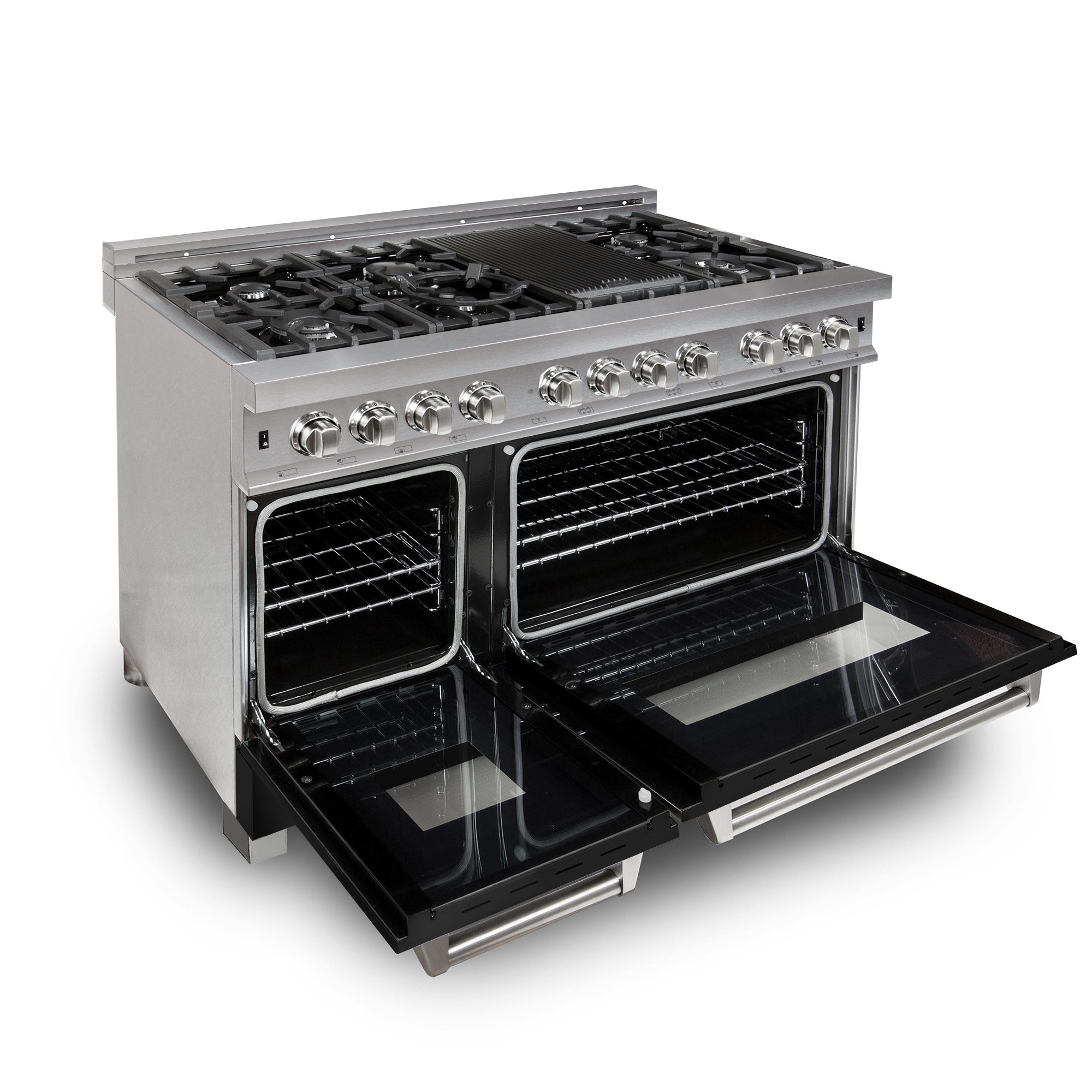 ZLINE 48 in. 6.0 cu. ft. Legacy Dual Fuel Range with 7 Burner Gas Cooktop and 2 Electric Ovens in Satin Stainless Steel and Black Matte Doors (RAS-BLM-48)
