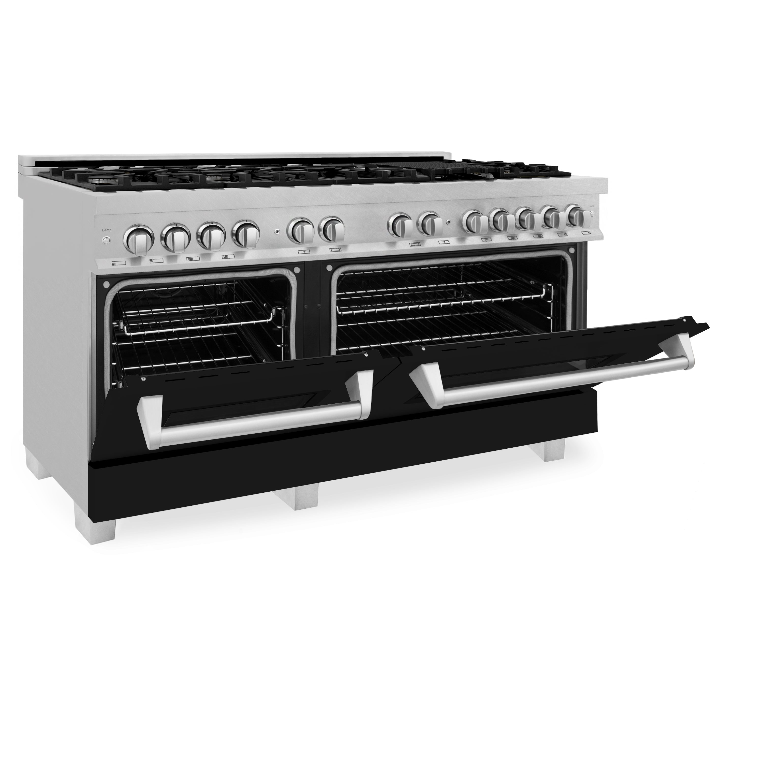 ZLINE 60 in. 7.4 cu. ft. Legacy Dual Fuel Range with 9 Burner Gas Cooktop and 2 Electric Convection Ovens in Satin Stainless Steel and Black Matte Doors (RAS-BLM-60)