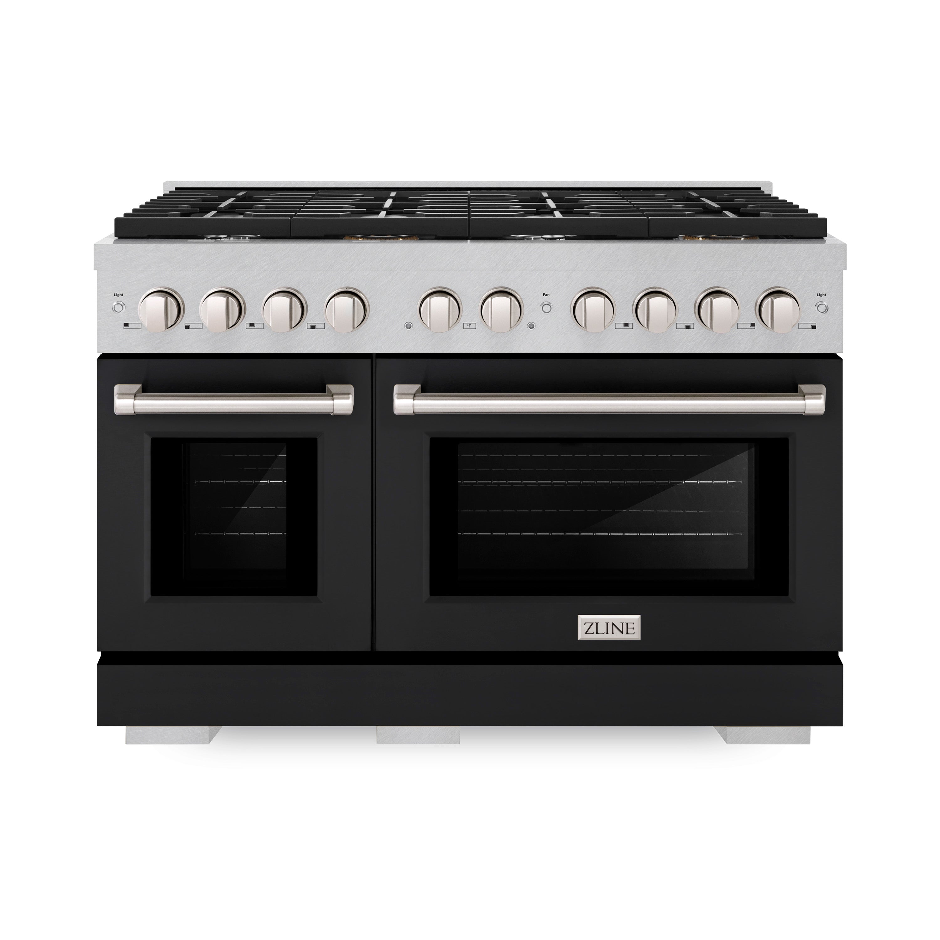ZLINE 48 in. 6.7 cu. ft. Paramount Double Oven Dual Fuel Range with 8 Burner Gas Cooktop in Stainless Steel with Black Matte Doors (SDR-BLM-48)