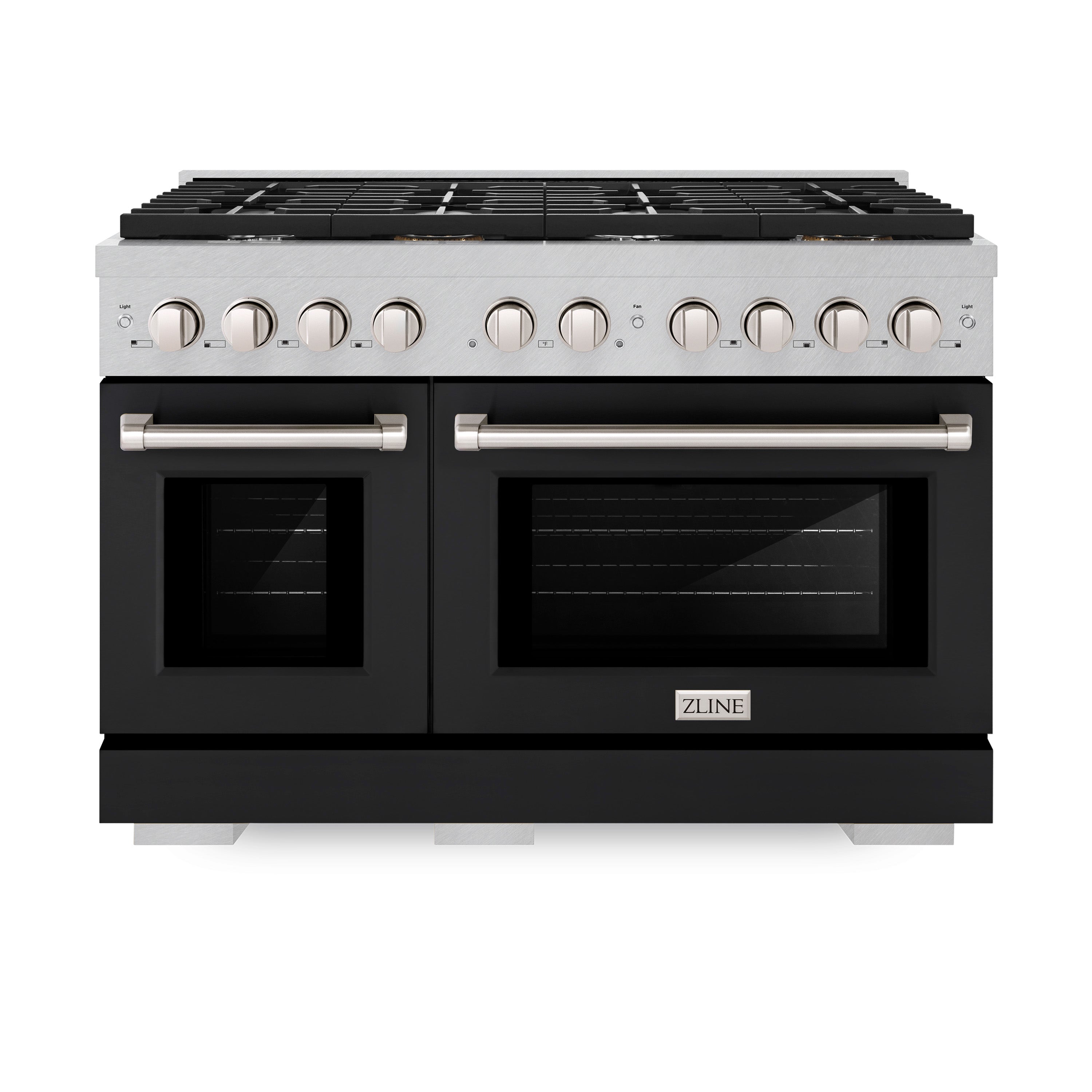 ZLINE 48 in. 6.7 cu. ft. Paramount Double Oven Dual Fuel Range with 8 Burner Gas Cooktop in Stainless Steel with Black Matte Doors (SDR-BLM-48)