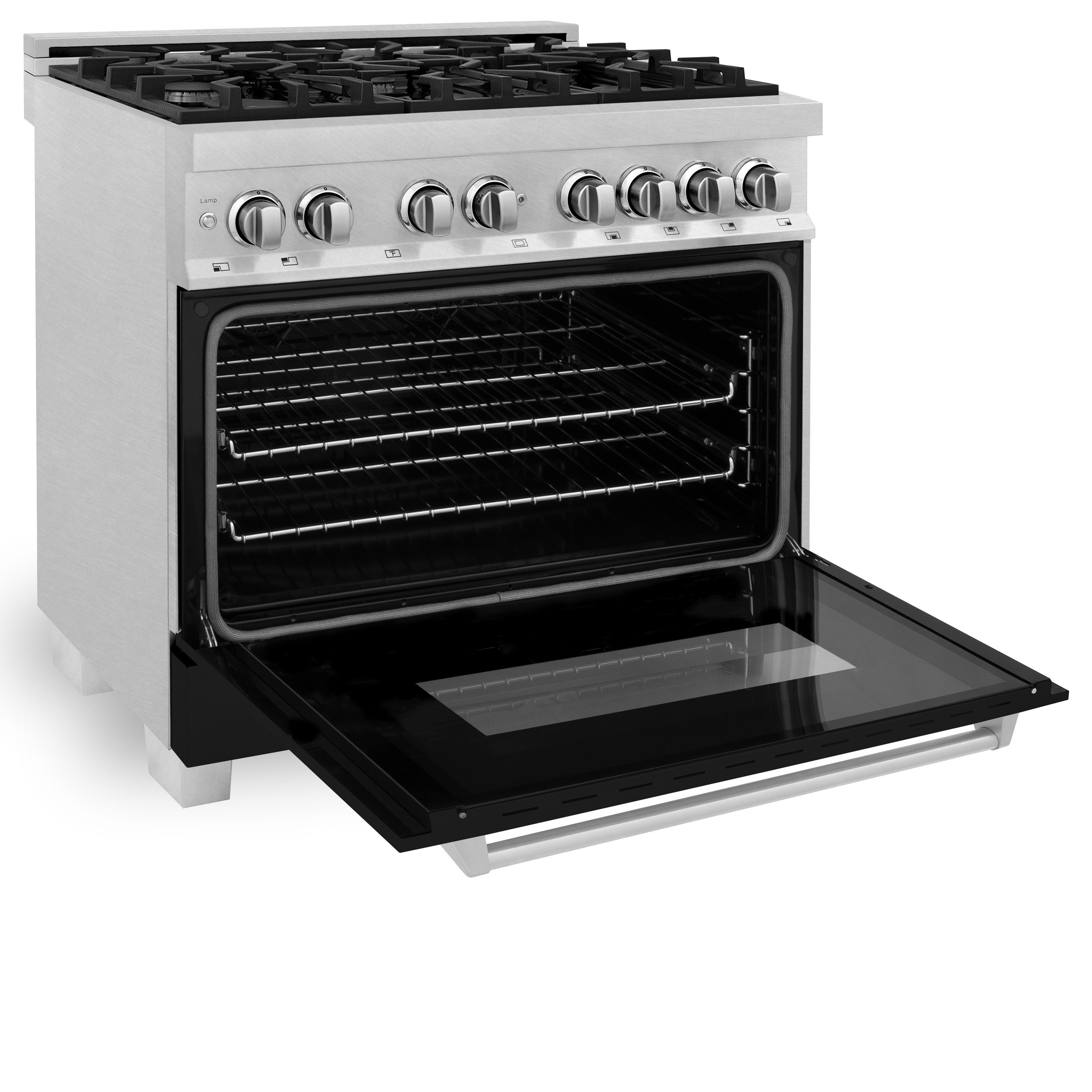 ZLINE 36 in. 4.6 cu. ft. Legacy Dual Fuel Range with 6 Burner Gas Cooktop and Electric Convection Oven in Satin Stainless Steel and Black Matte Door (RAS-BLM-36)