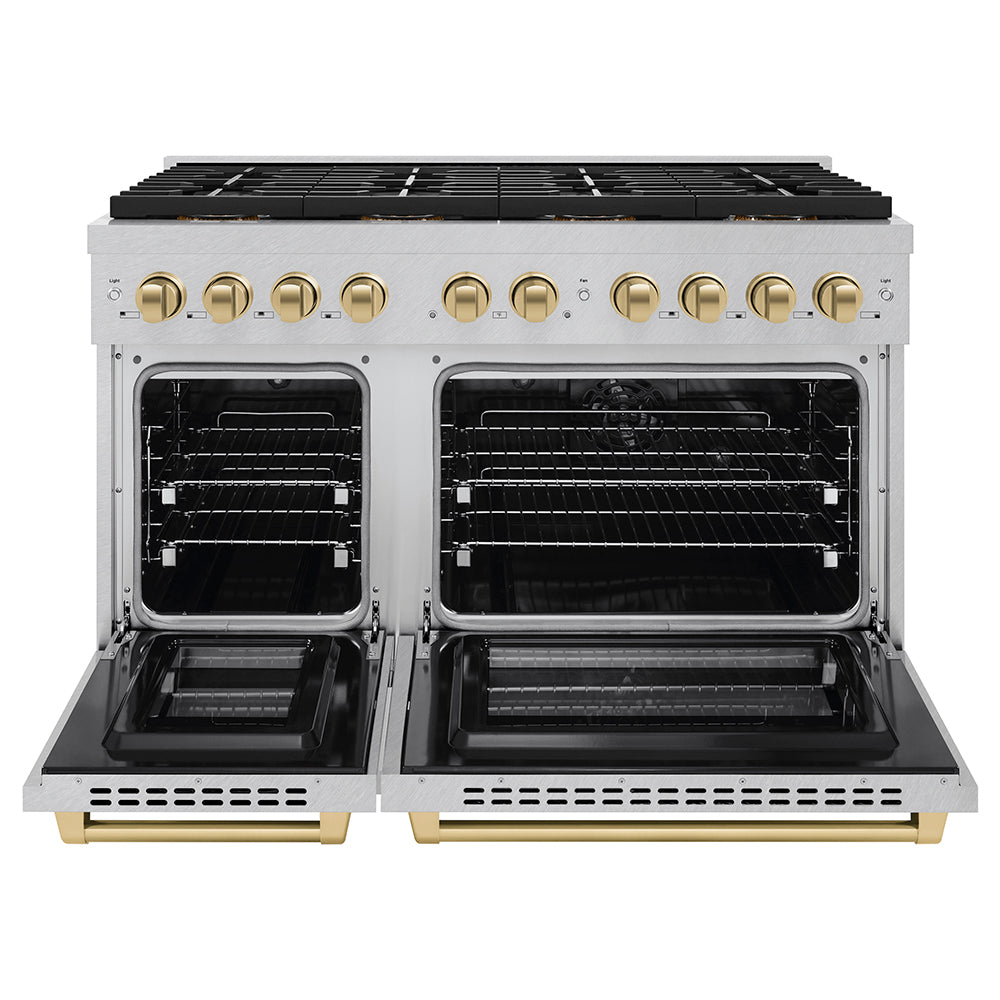 ZLINE Autograph Edition 48 in. 6.7 cu. ft. Paramount Dual Fuel Range with 8 Burner DuoPro™ Cooktop and Dual Ovens in Stainless Steel and Champagne Bronze Accents (PSDRZ-48-CB)