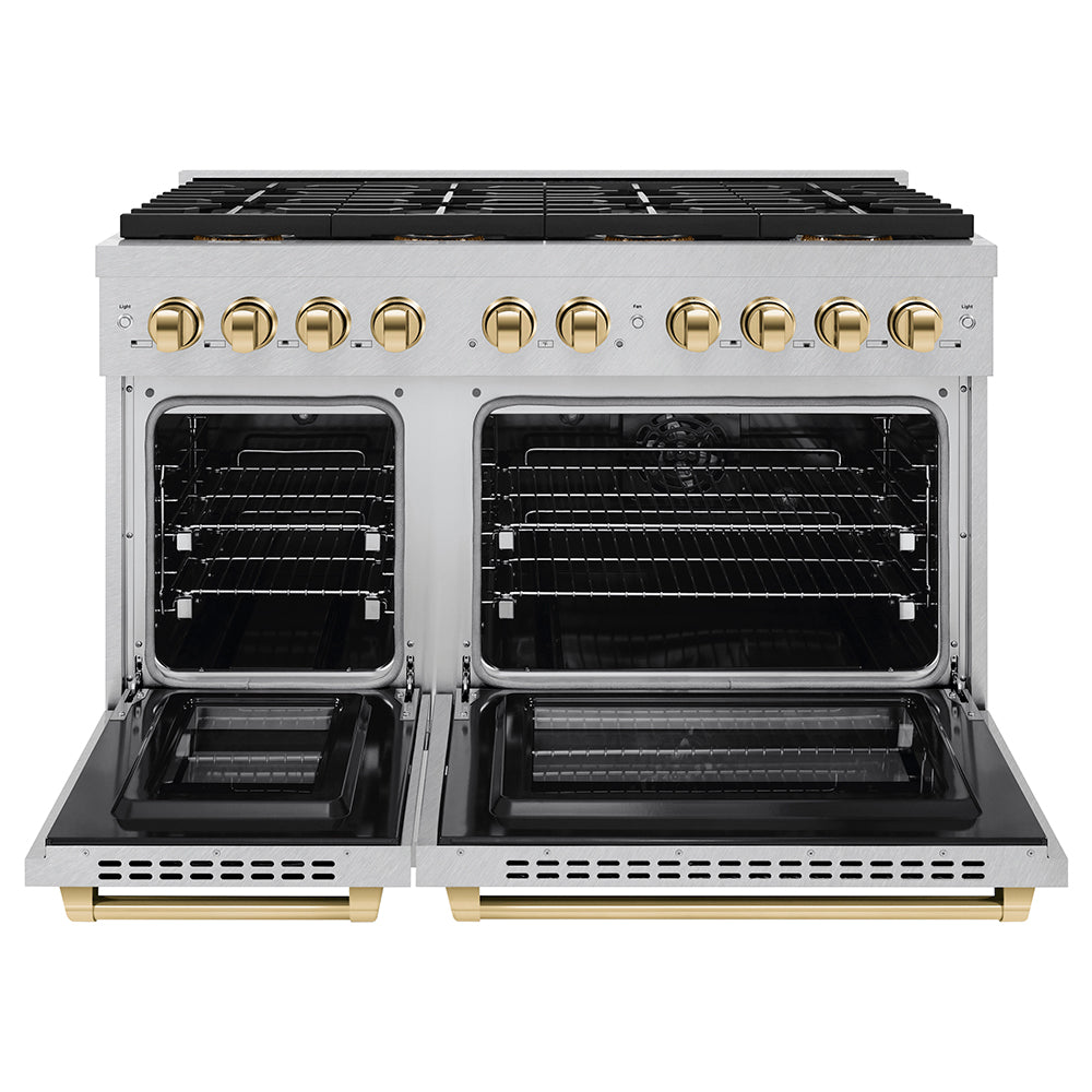 ZLINE Autograph Edition 48 in. 6.7 cu. ft. Paramount Dual Fuel Range with 8 Burner DuoPro™ Cooktop and Dual Ovens in Stainless Steel and Champagne Bronze Accents (PSDRZ-48-CB)