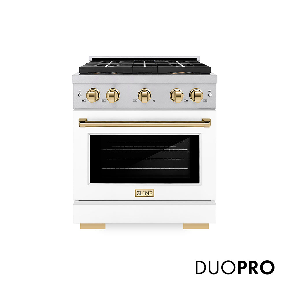ZLINE Autograph Edition 30 in. 4.2 cu. ft. Paramount Dual Fuel Range with 4 Burner DuoPro™ Cooktop and Electric Convection Oven in Satin Stainless Steel with White Matte Door and Polished Gold Accents (PSDRSZ-WM-30-G)
